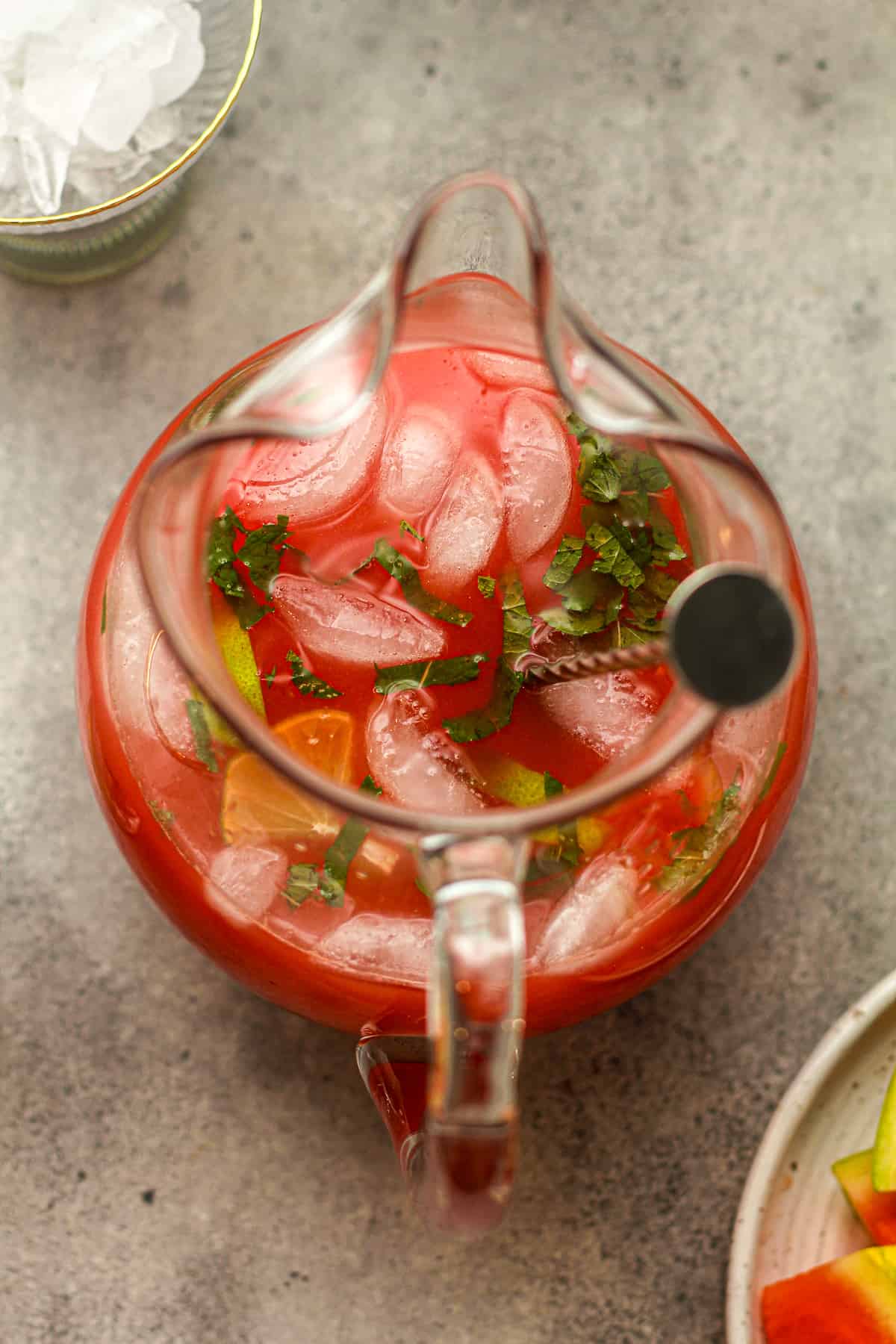 Overhead view of a pitcher of watermelon margs.