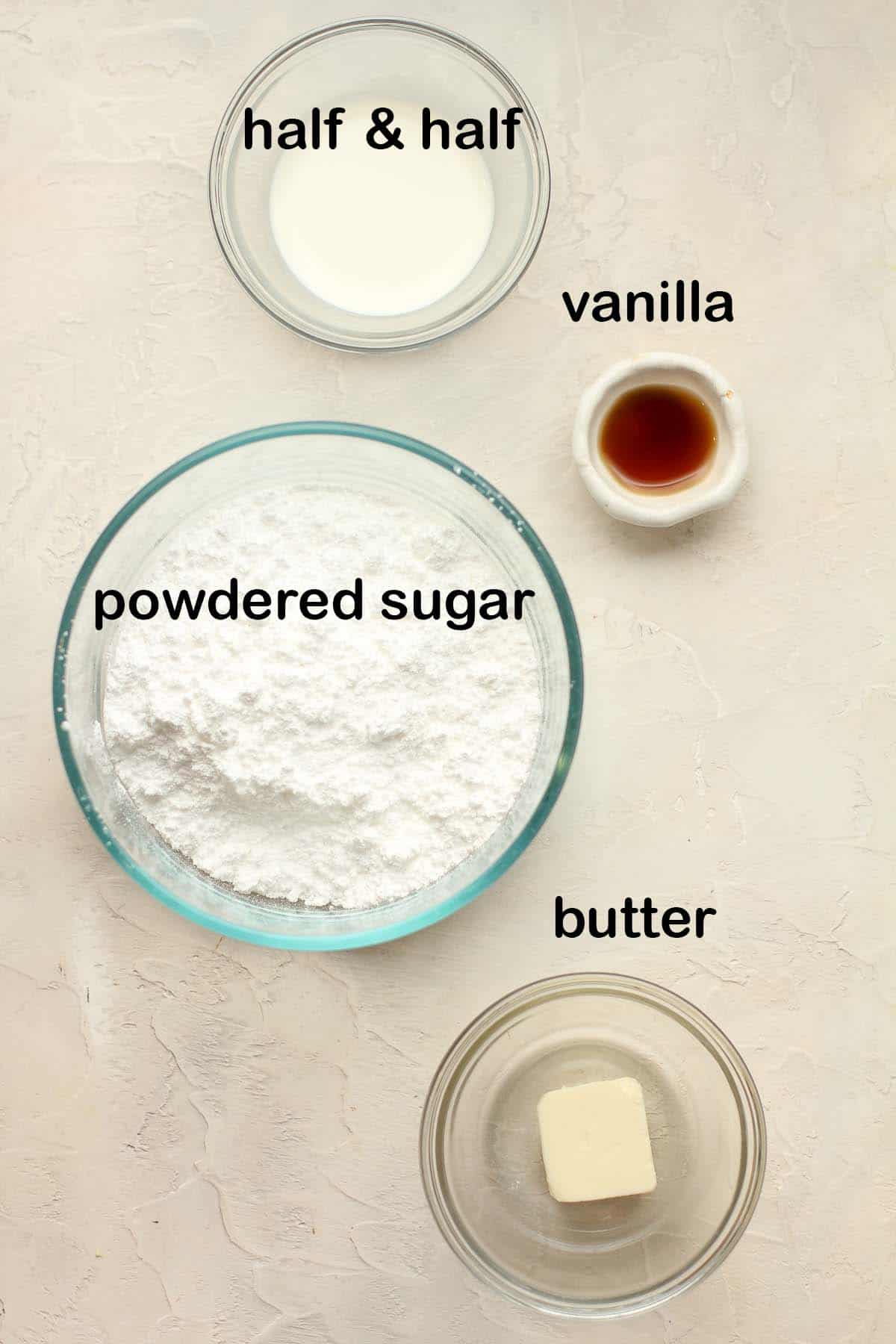 Labeled ingredients for the scone icing.