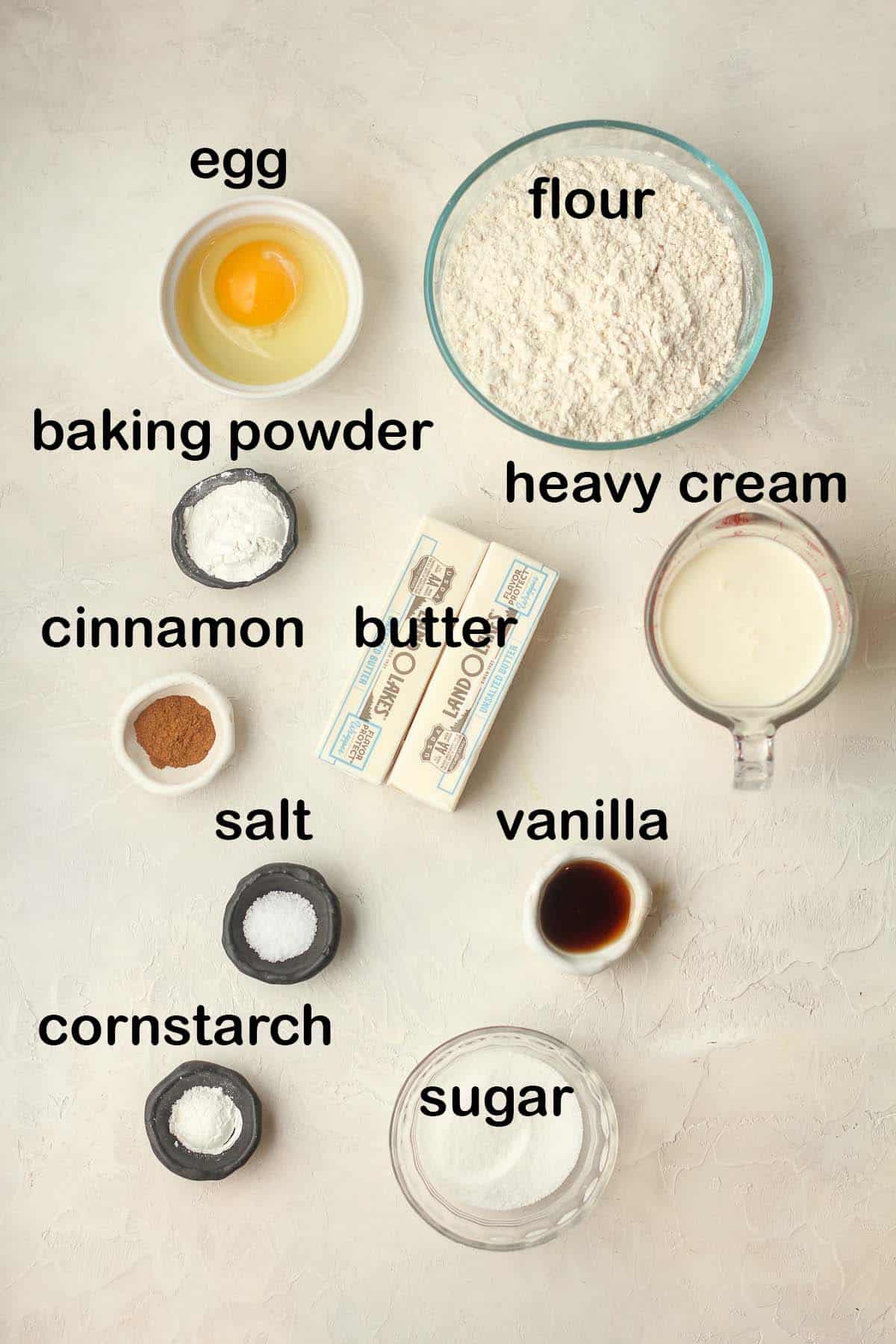 Labeled ingredients for snickerdoodle scones.