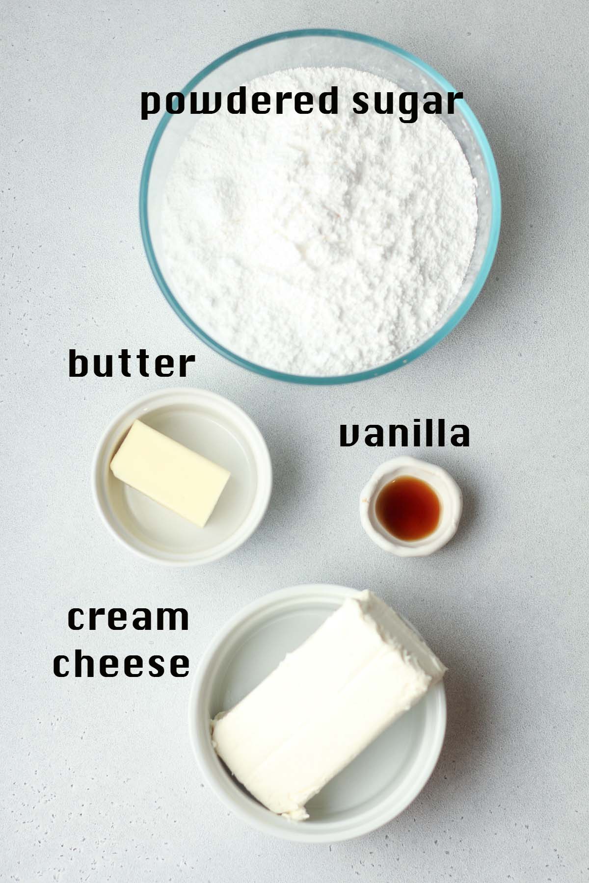 The cream cheese frosting ingredients with labels.