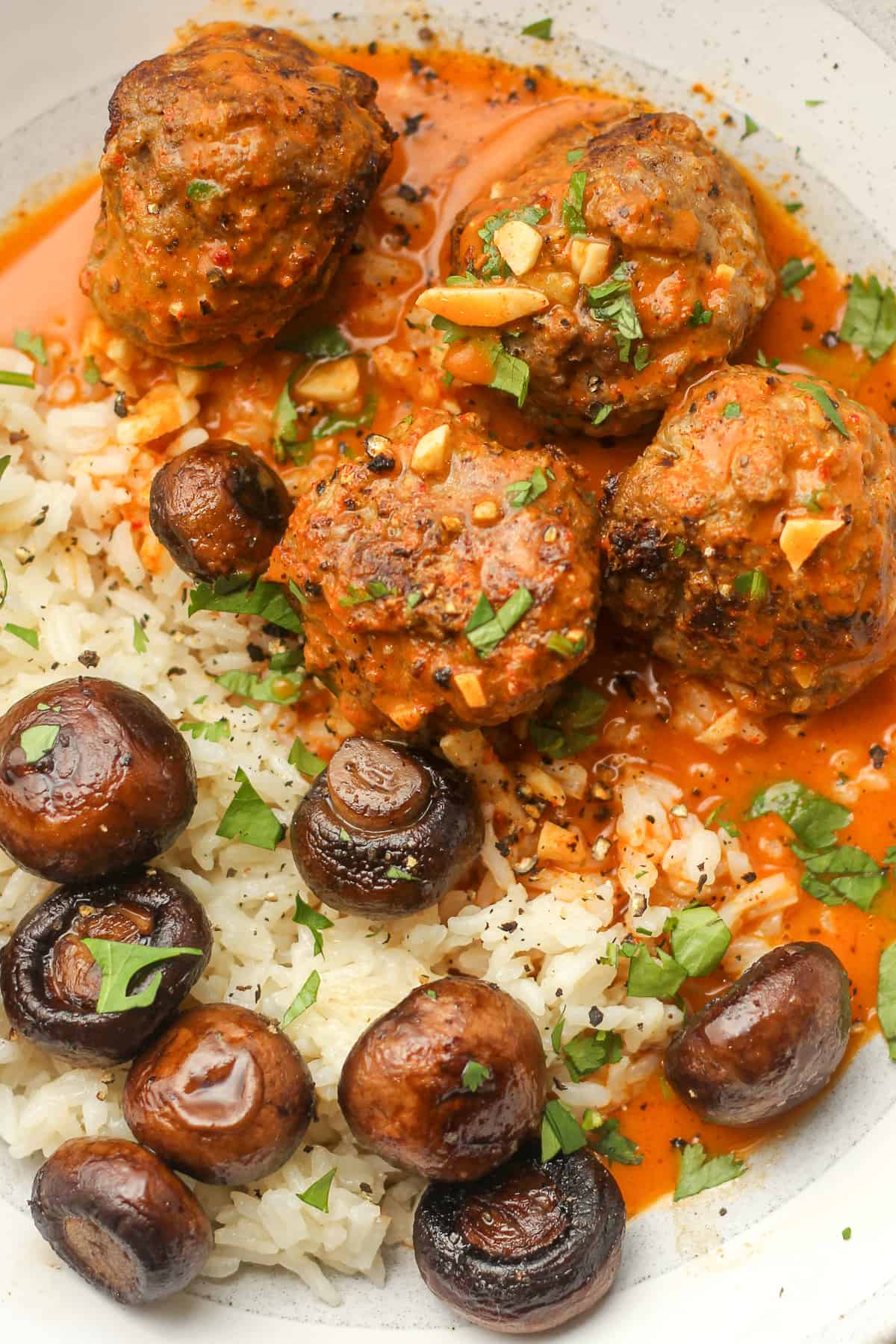 Closeup on a bowl of rice, mushrooms, and curried meatballs.