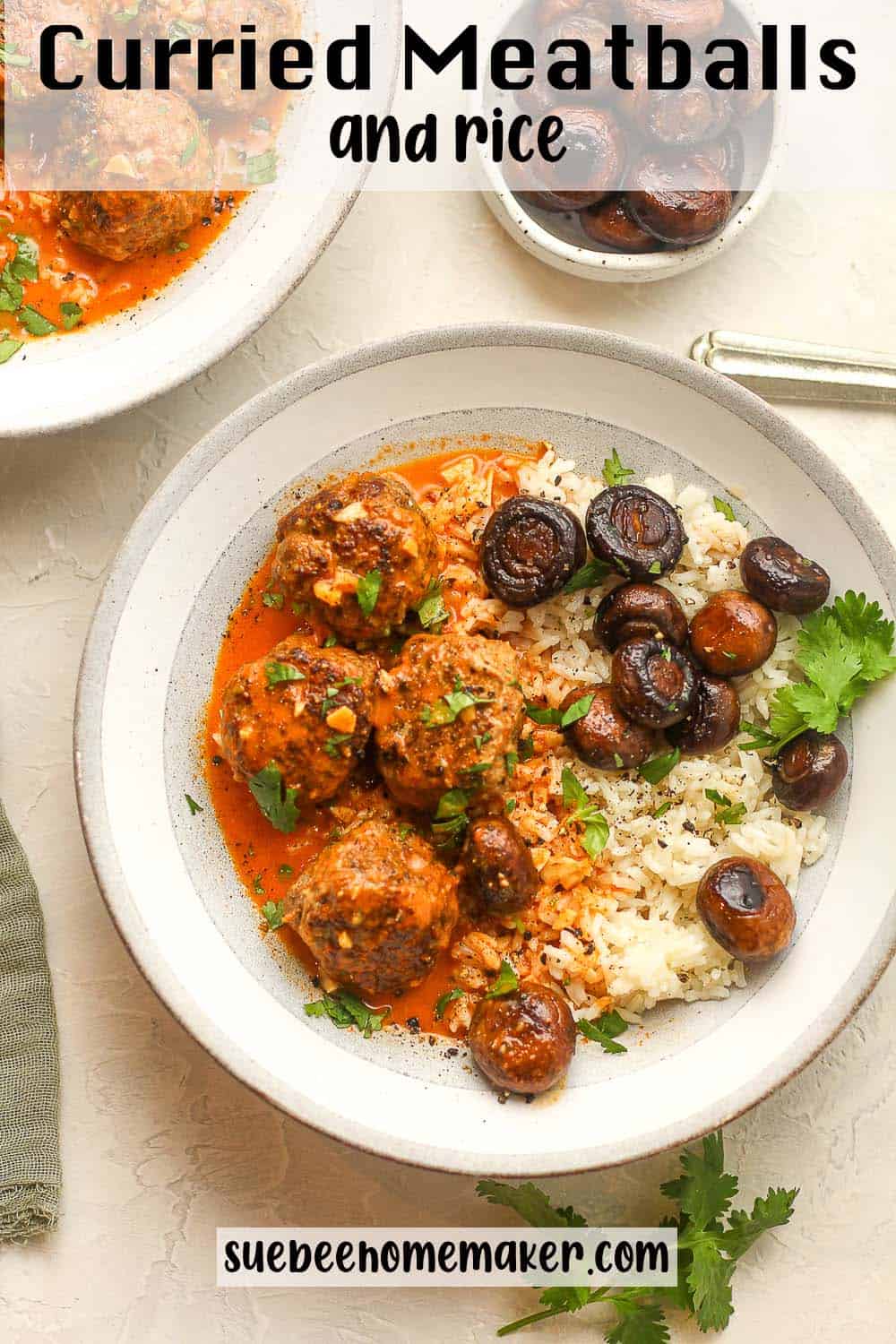 Two bowls of curried meatballs and rice.