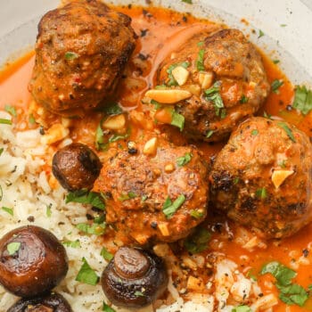 Closeup on some curried meatballs.