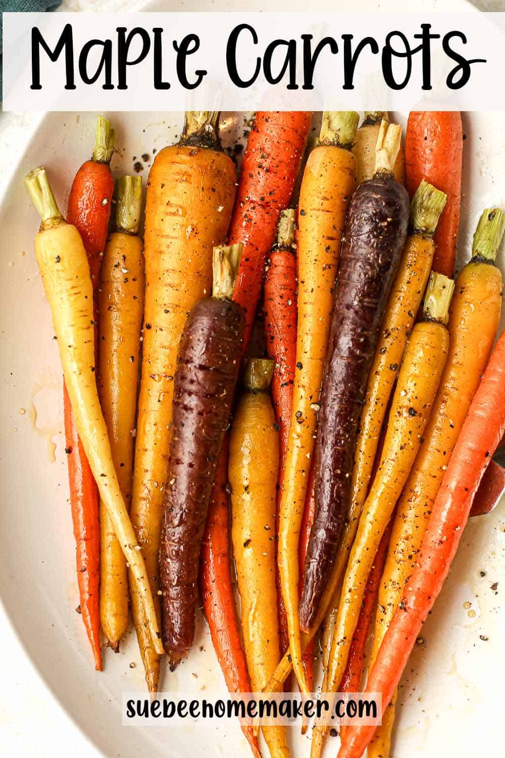 A closeup on maple carrots after roasting.