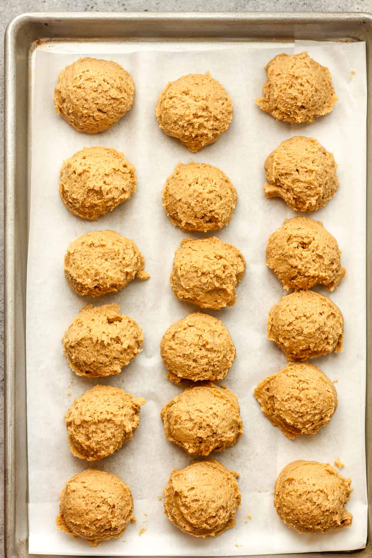 A pan of cookie dough balls.
