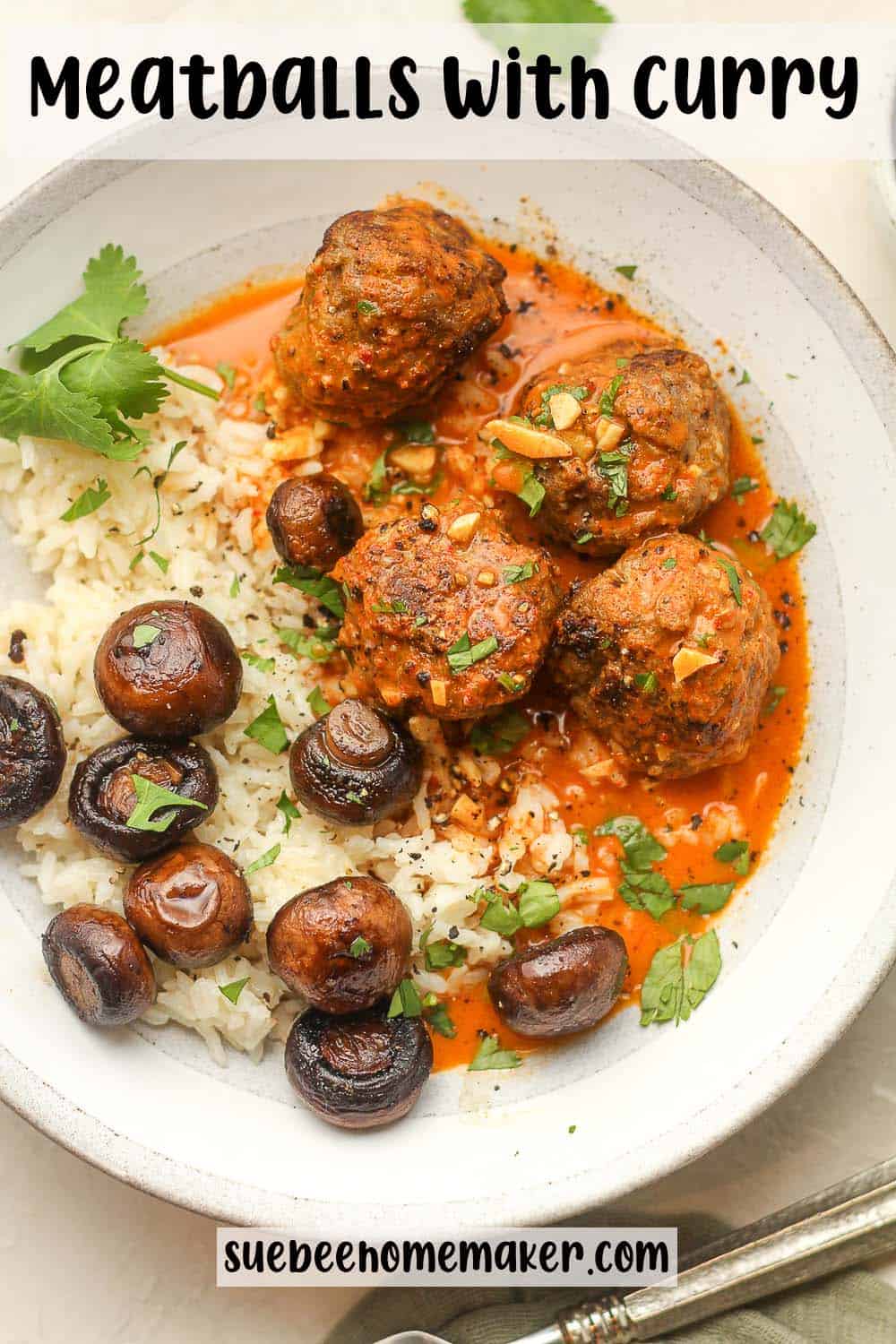A bowl of meatballs with curry sauce over rice.