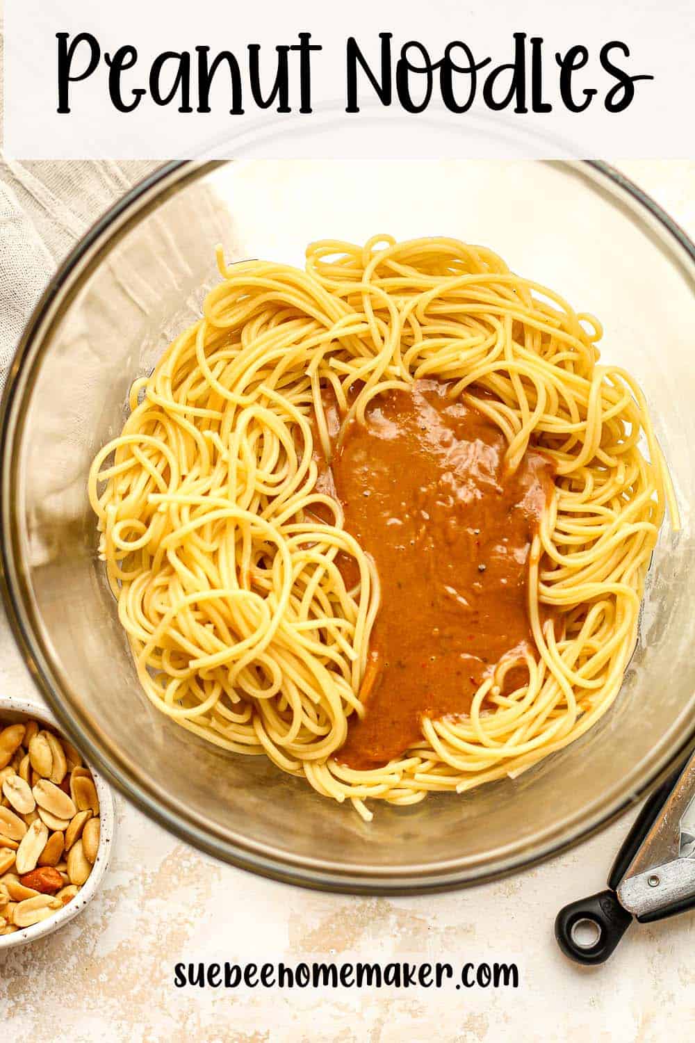 A bowl of spaghetti noodles with peanut sauce.