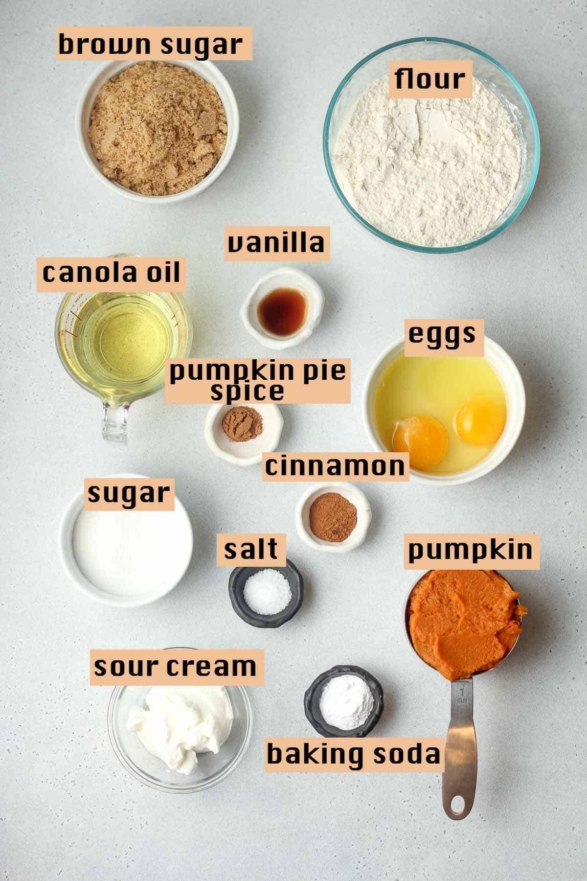 The pumpkin cake ingredients with labels.