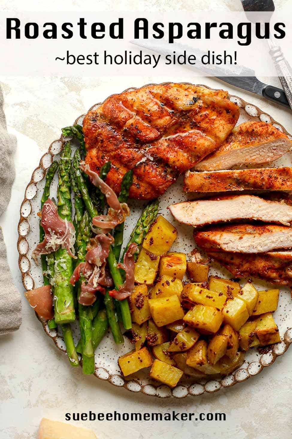 A plate of smoked chicken, roasted asparagus, and mustard potatoes.