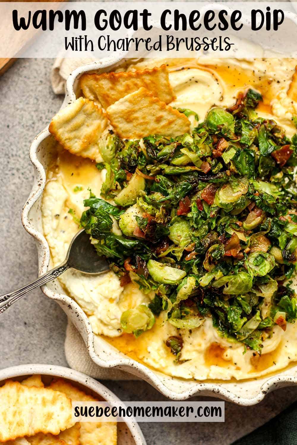 Closeup on a plate of warm goat cheese dip with charred brussels.