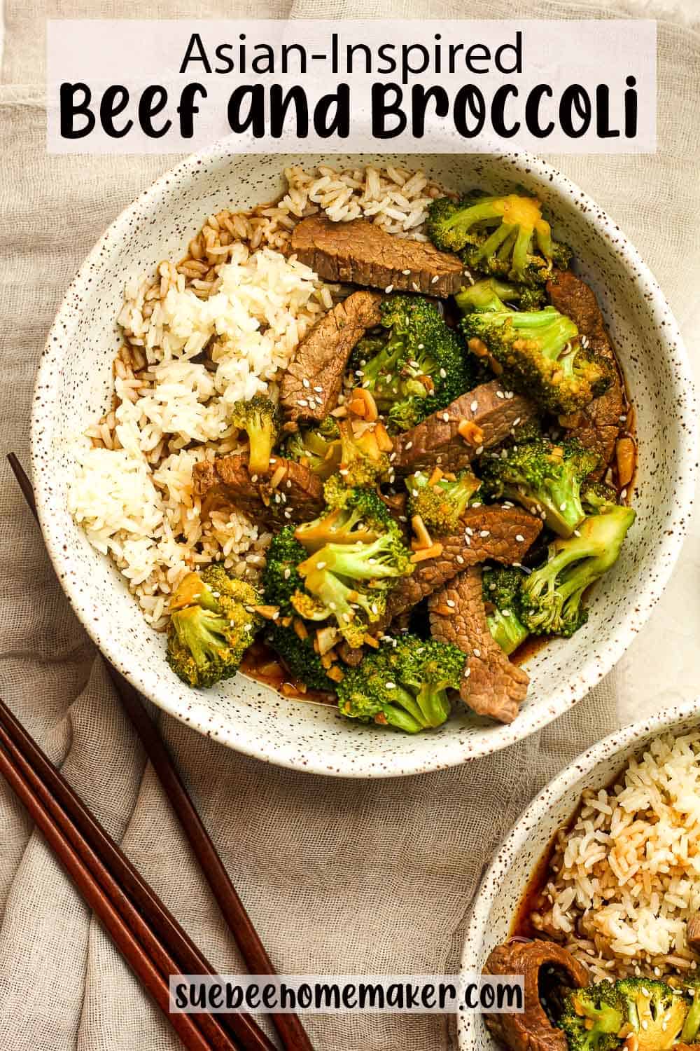 Two bowls of beef and broccoli over rice.