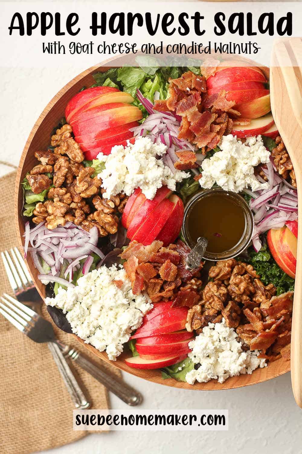 Overhead view of a large apple harvest salad with goat cheese and candied walnuts.