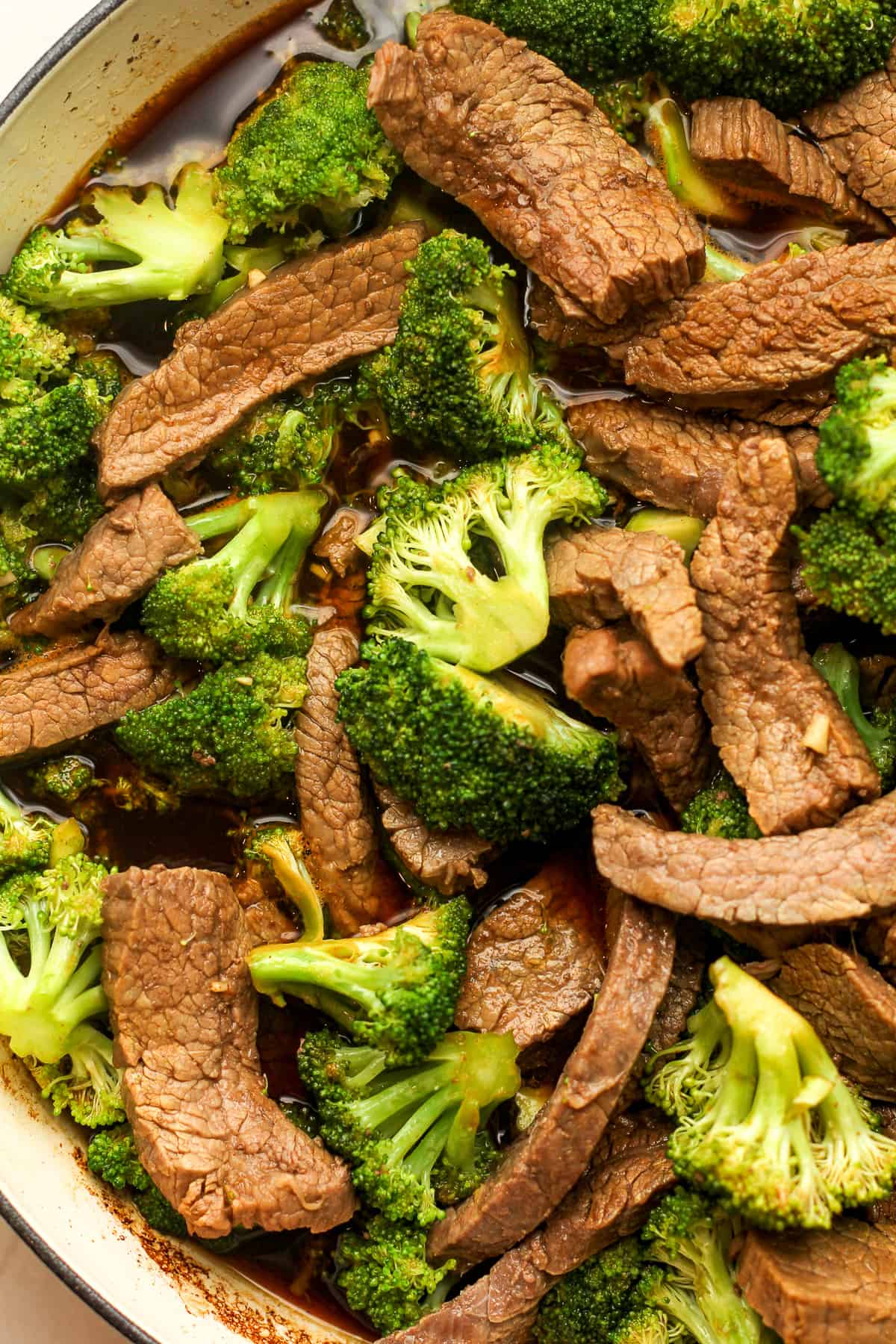 A closeup shot of beef and broccoli.