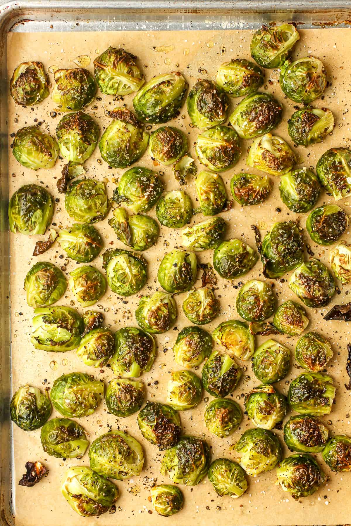 A pan of roasted brussels sprouts.