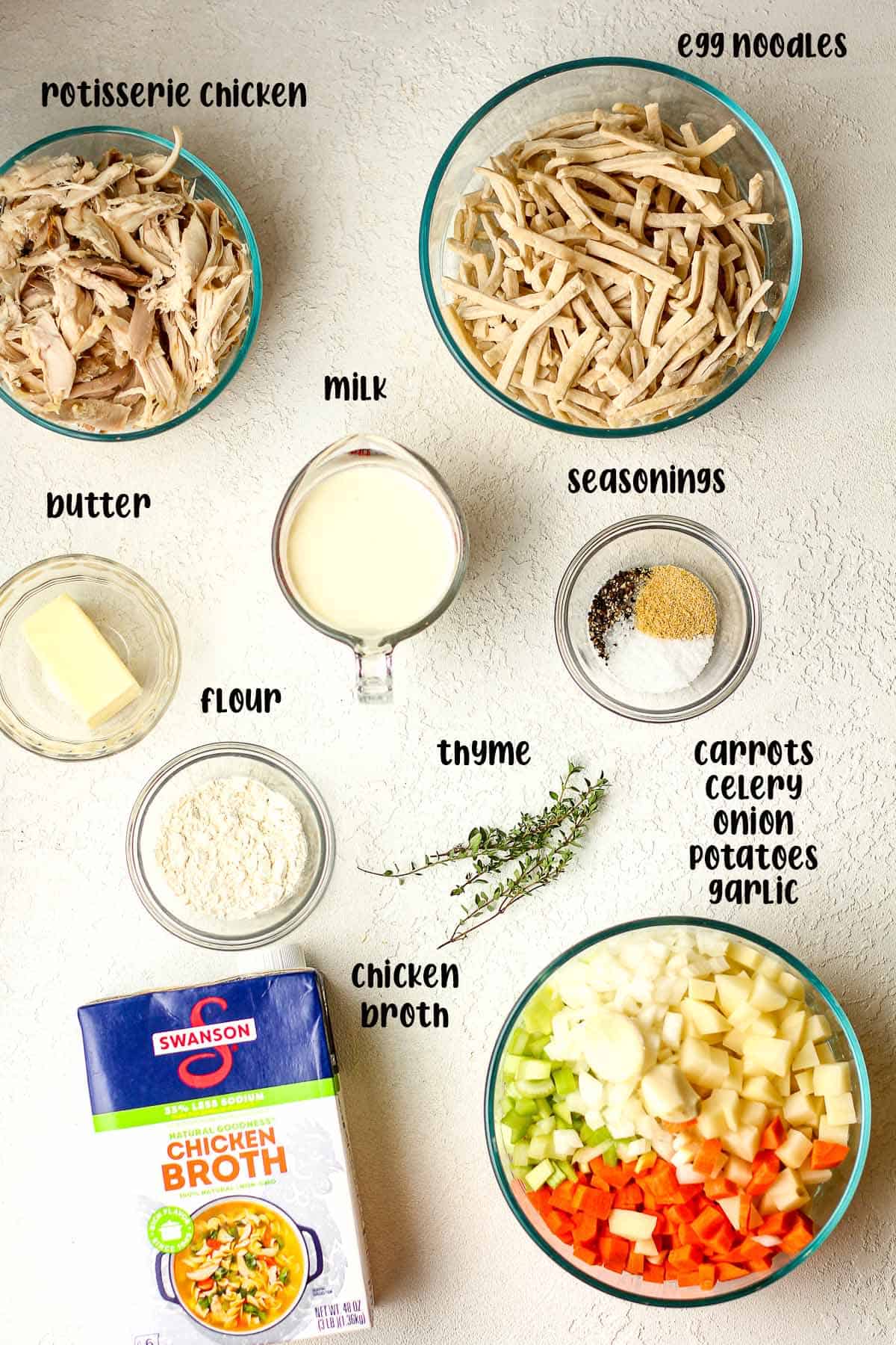 Ingredients for creamy chicken noodle soup.