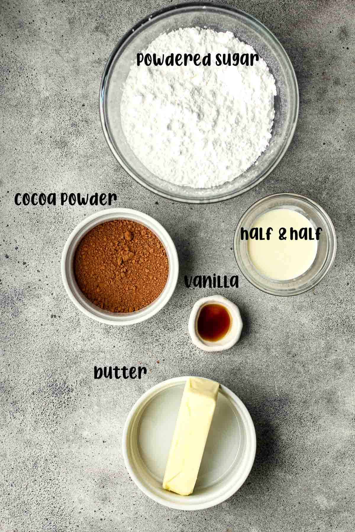 Labeled ingredients for chocolate buttercream.