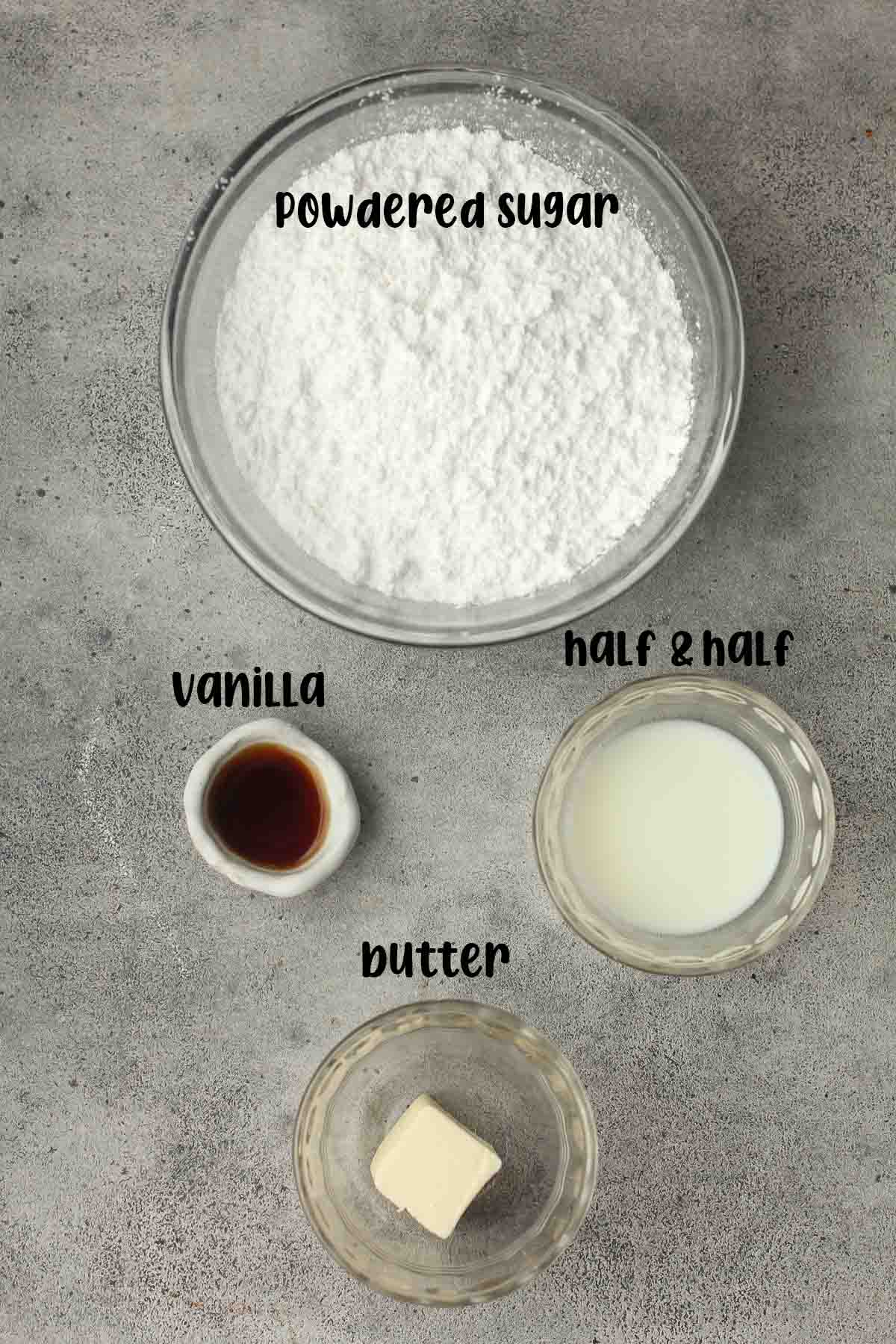 The powdered sugar frosting ingredients.