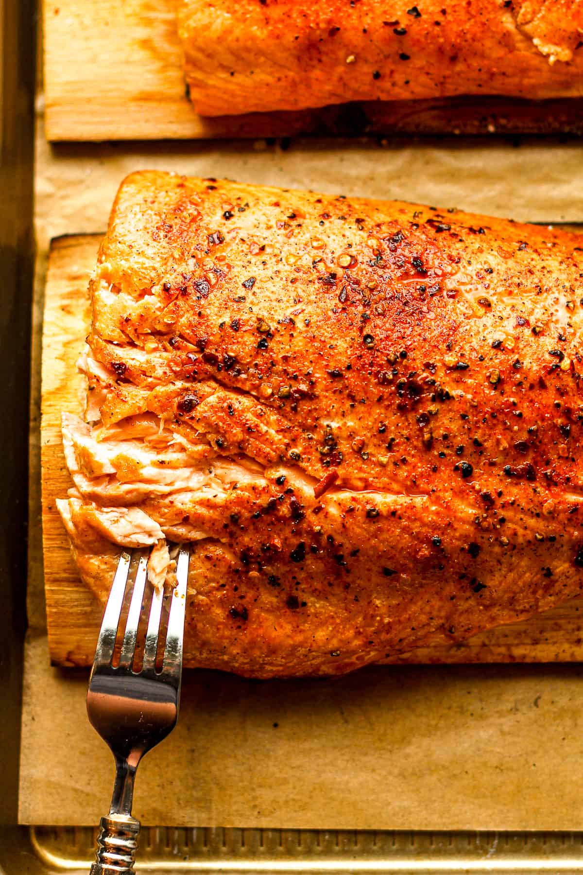 Closeup on a piece of grilled salmon.