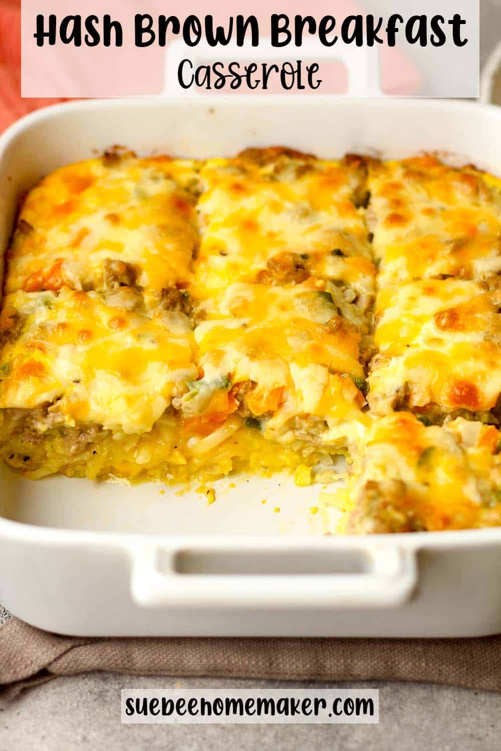 Side view of a square hash brown breakfast casserole.
