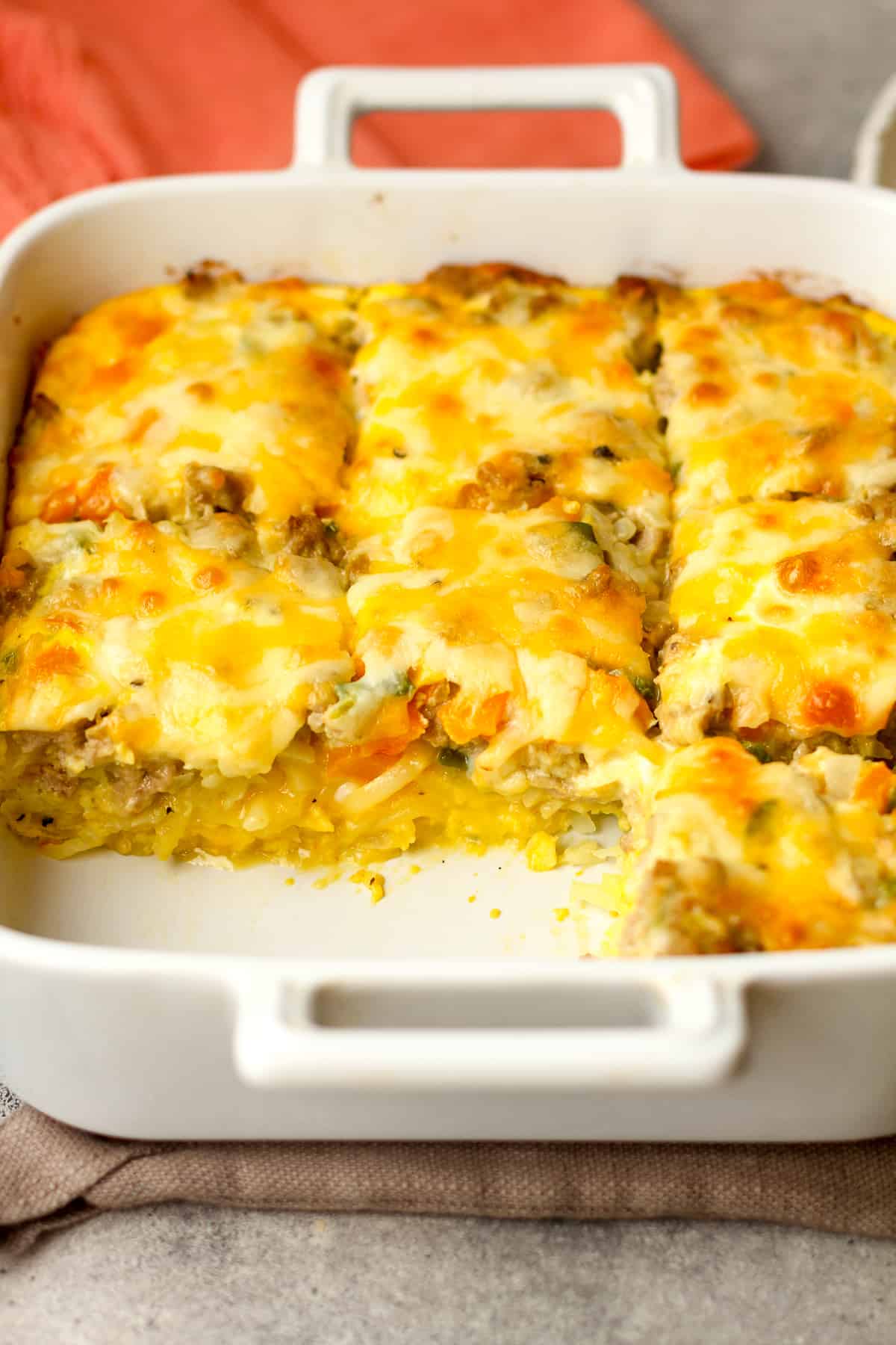 Side view of several pieces of egg casserole.