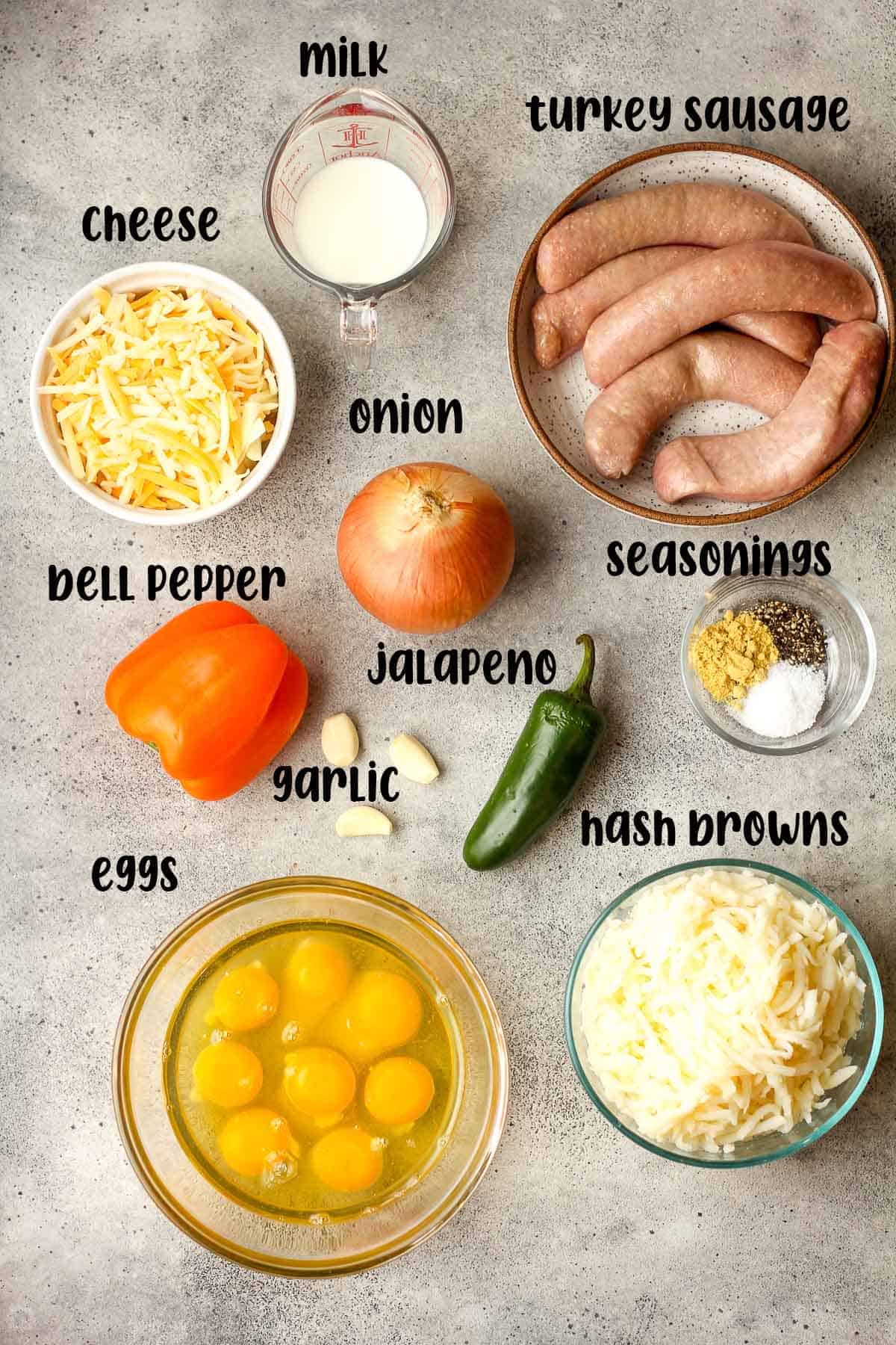 The labeled ingredients for the casserole.