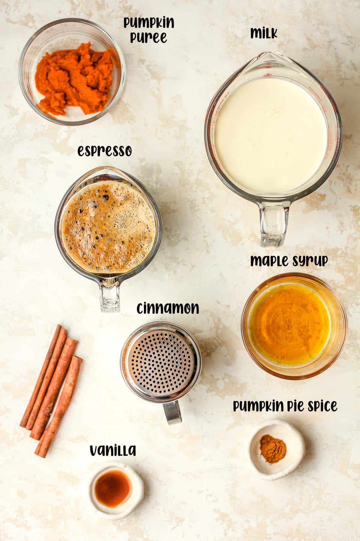 The labeled ingredients for pumpkin spice lattes.