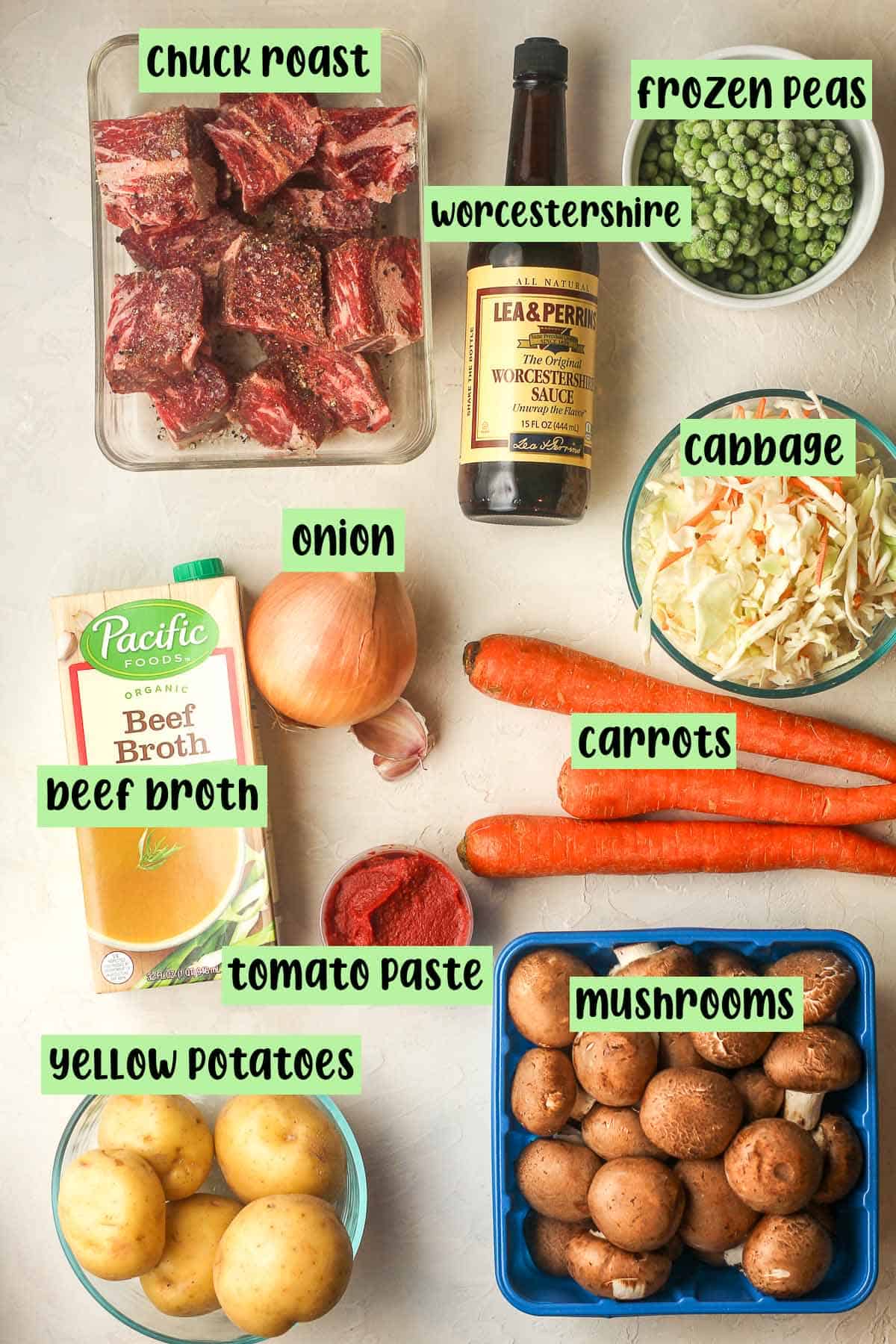 Labeled ingredients for roast vegetable soup.