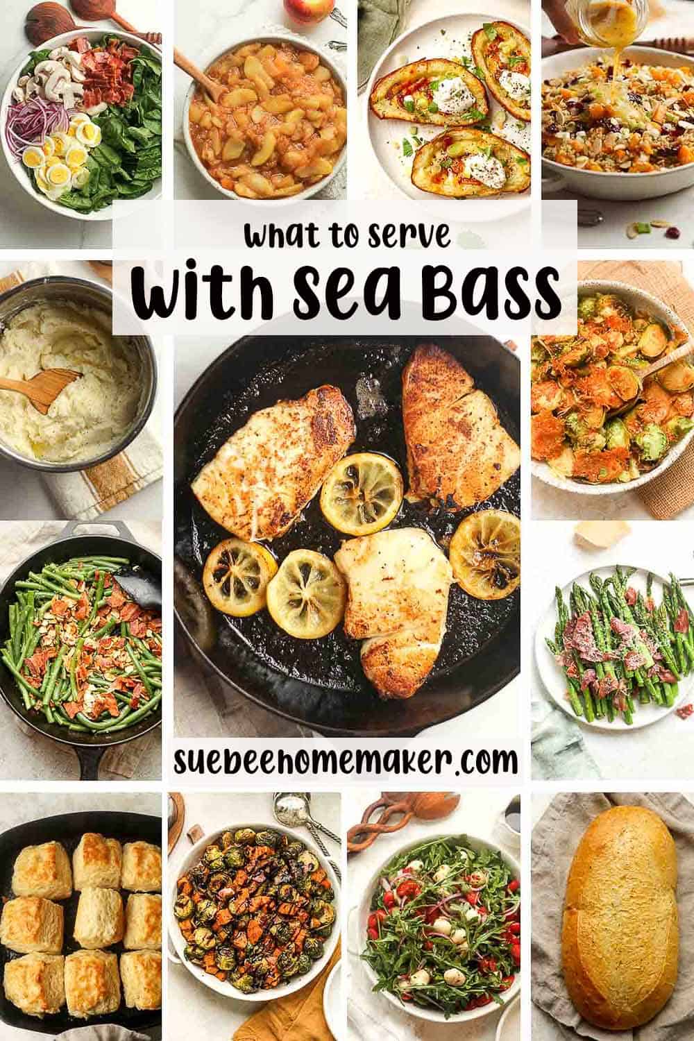 A collage of side dishes to pair with sea bass.