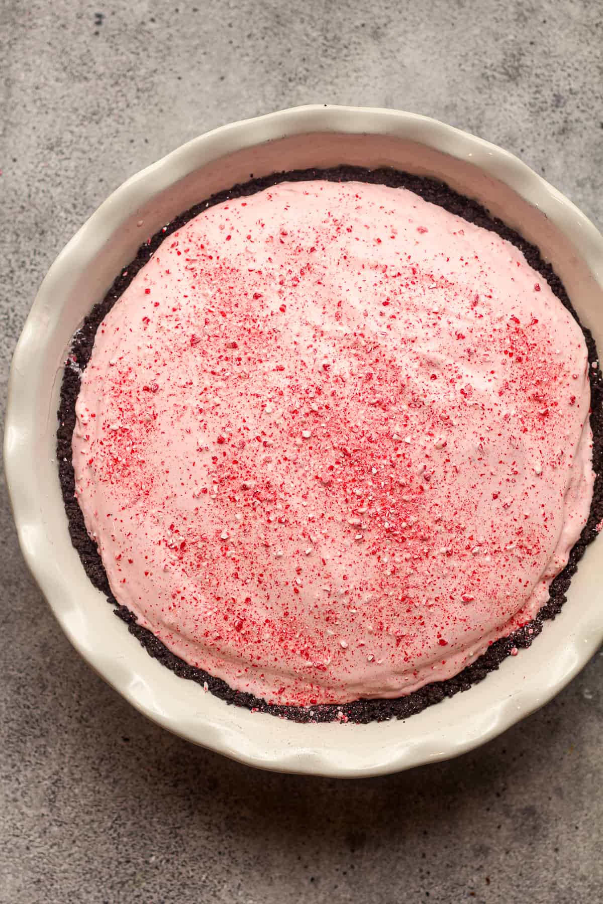 Overhead view of a candy cane pie
