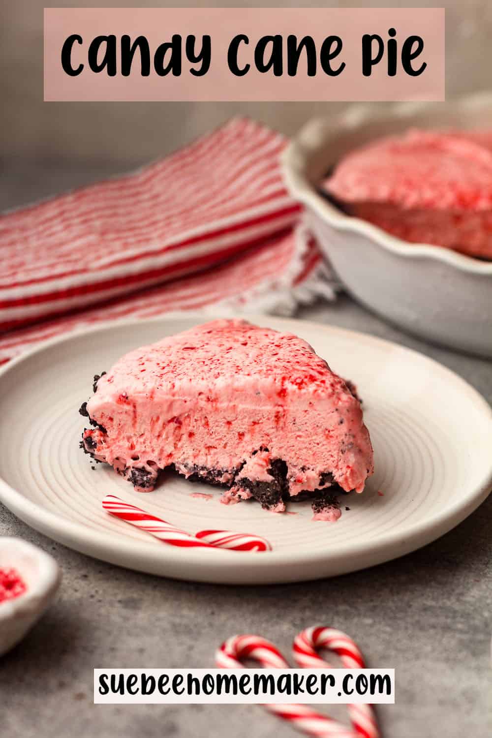 A slice of candy cane pie on a plate.