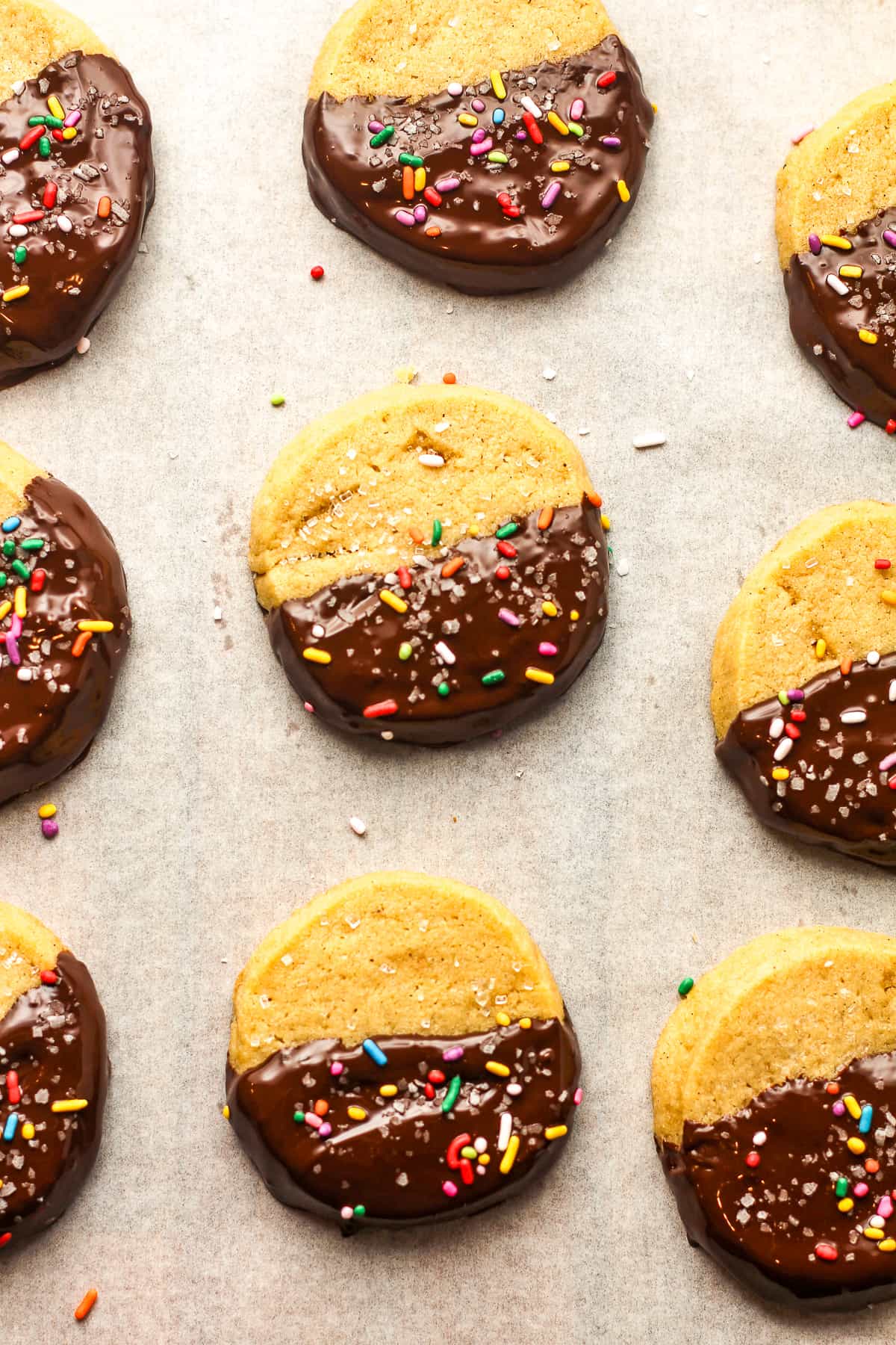 Closeup on some shortbread cookies dipped in chocolate with sprinkles.