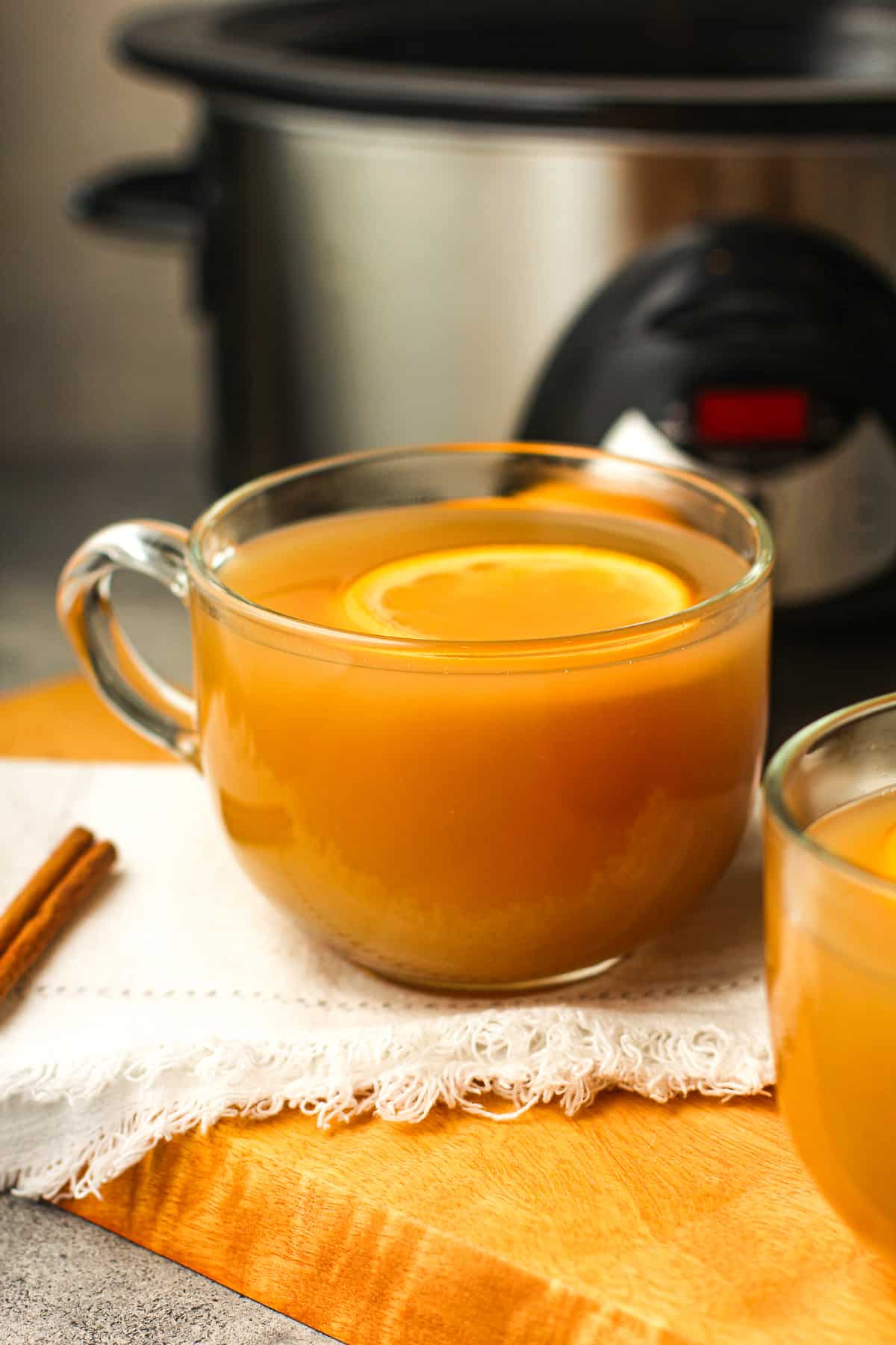 Side view of a mug of cider in front of a crockpot.