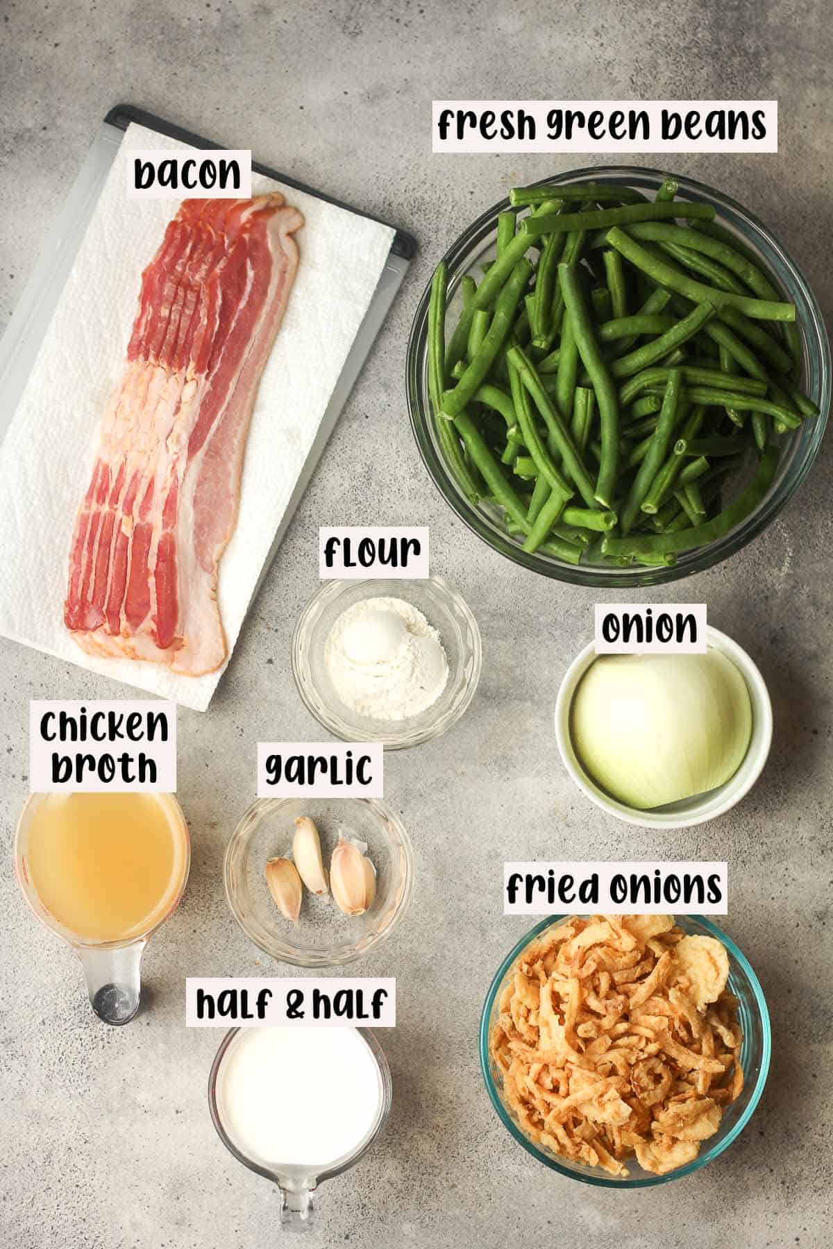 Labeled ingredients for fresh green bean casserole.