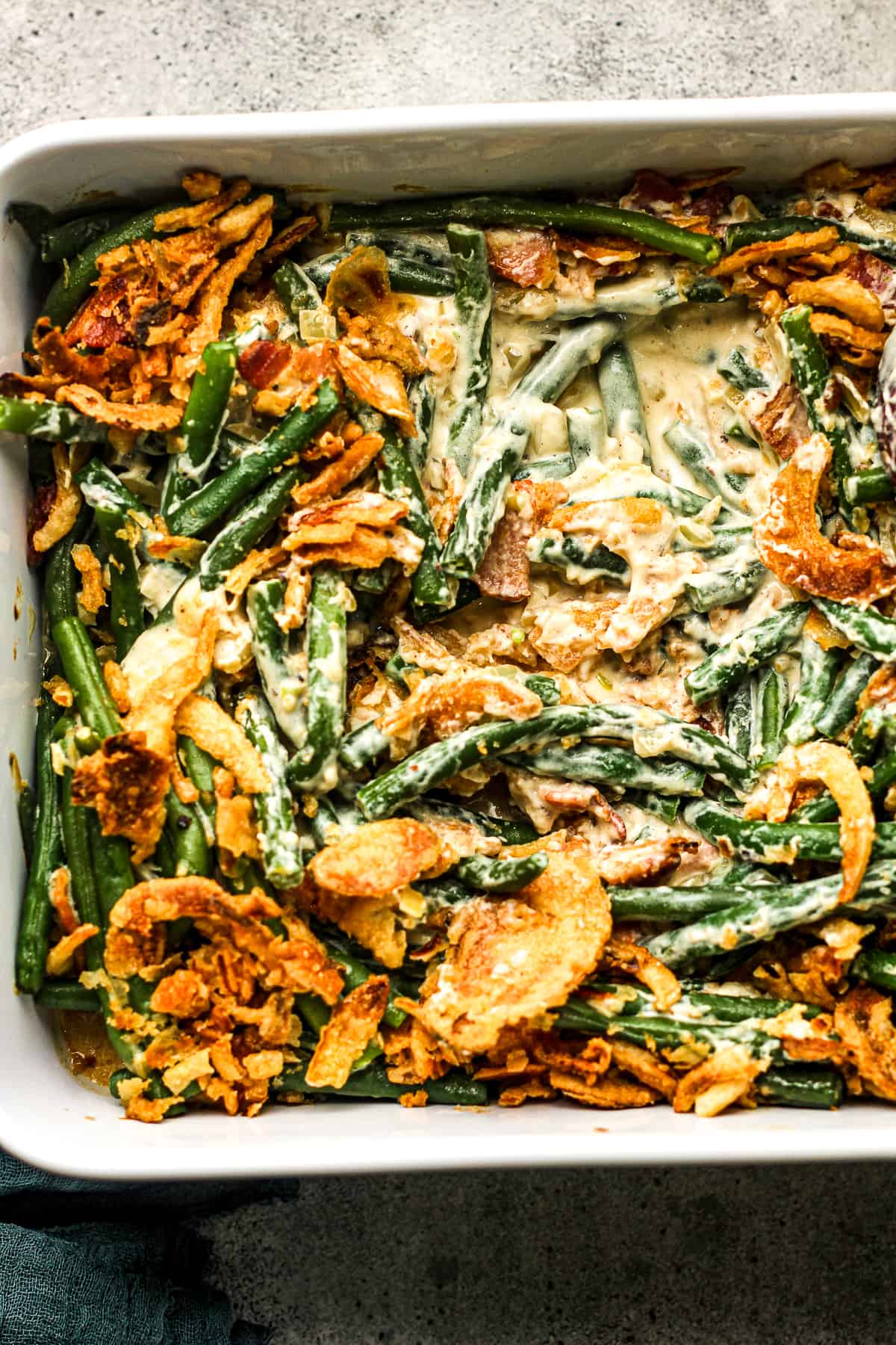 Overhead view of green bean casserole showing the creamy inside.
