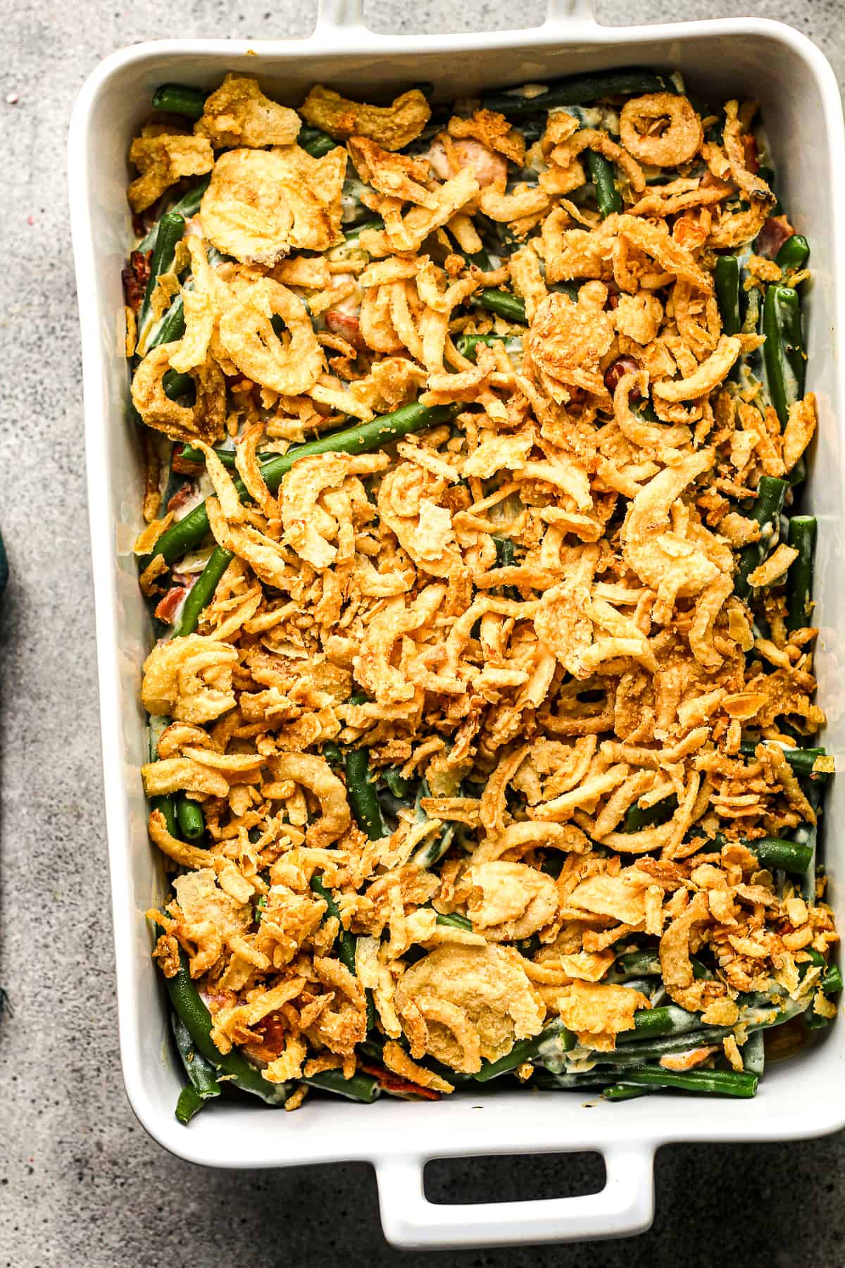 Green Bean Casserole with the fried onions on top.