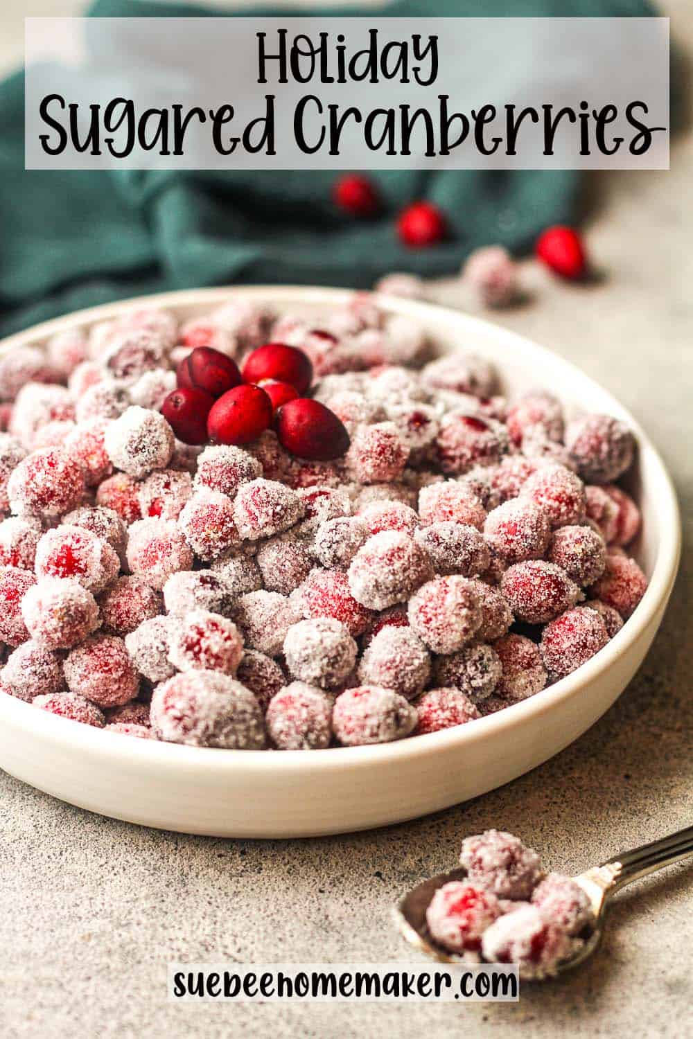 Side view of a bowl of sugared cranberries.