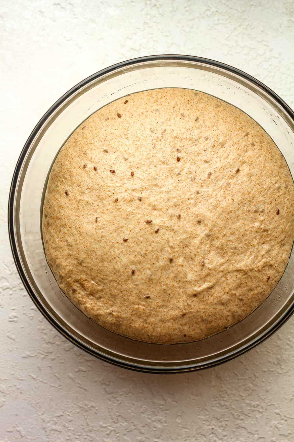A bowl of raised wheat bread dough.
