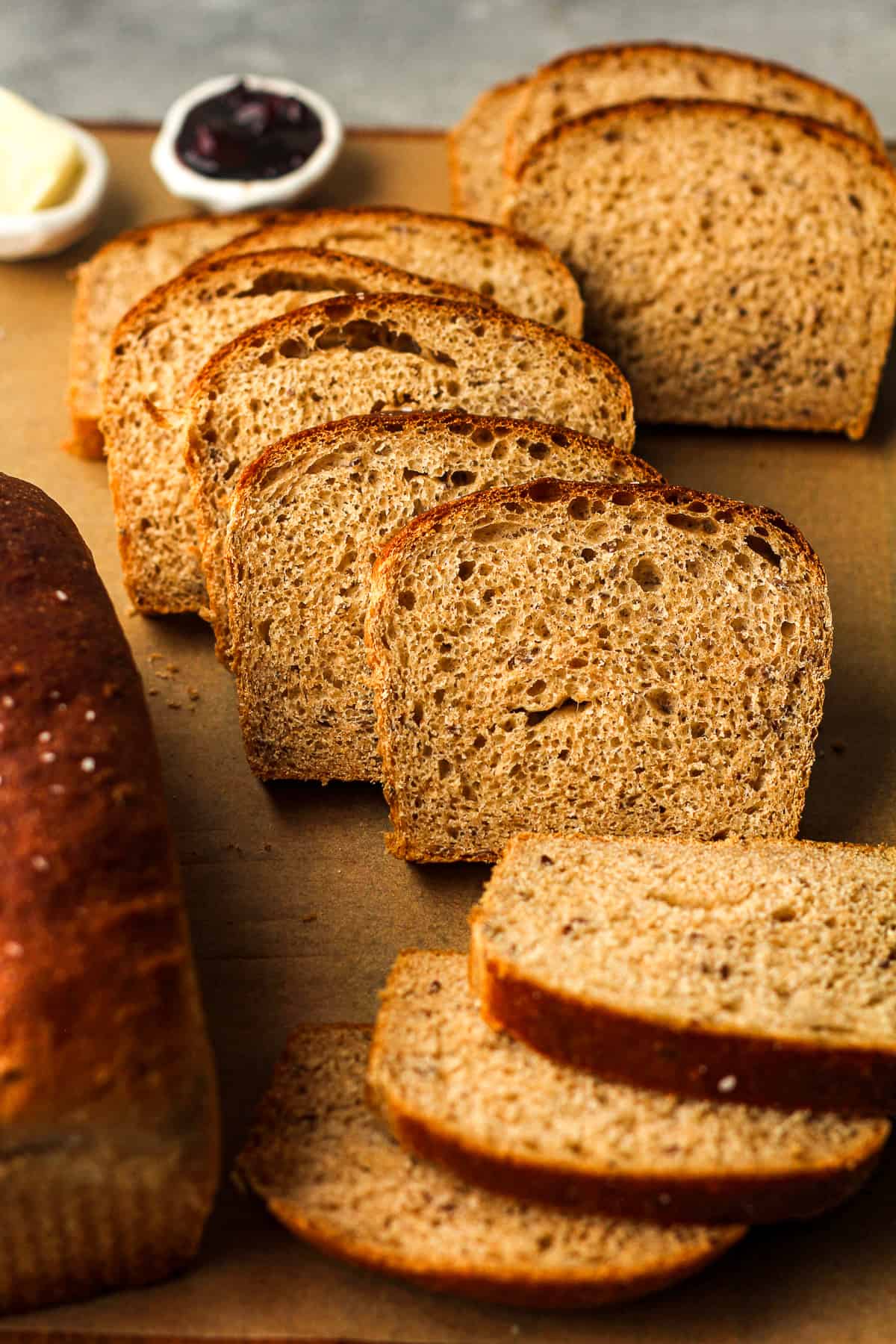Side view of sliced honey wheat bread.