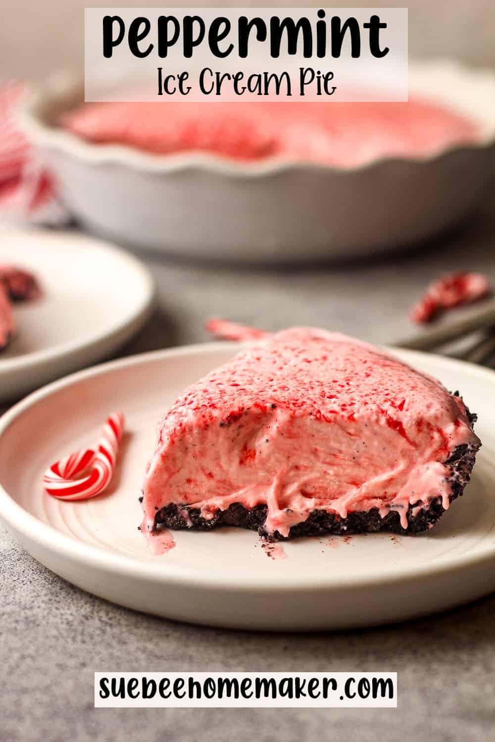 Side view of a slice of peppermint ice cream pie.