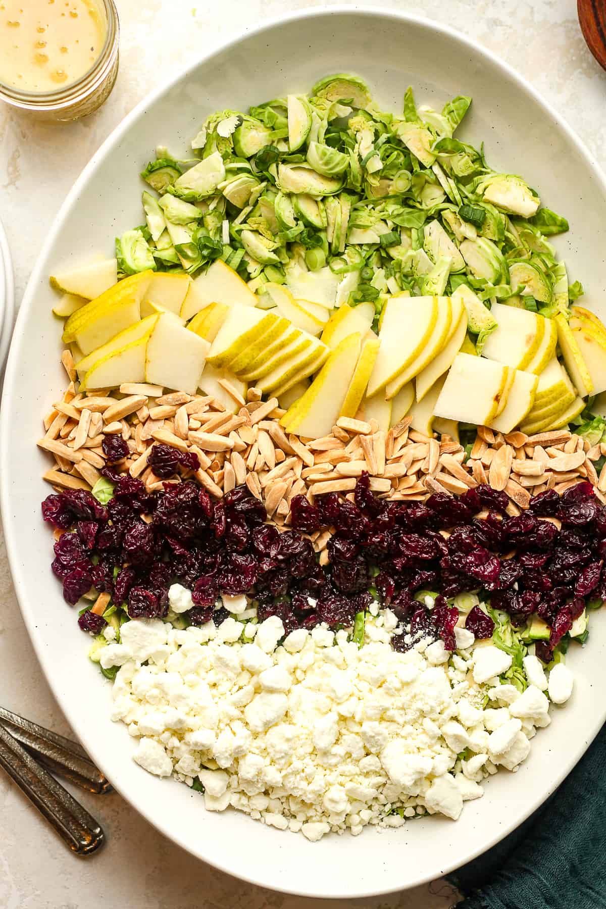 Overhead view of a shaved Brussels sprouts salad divided by ingredient.