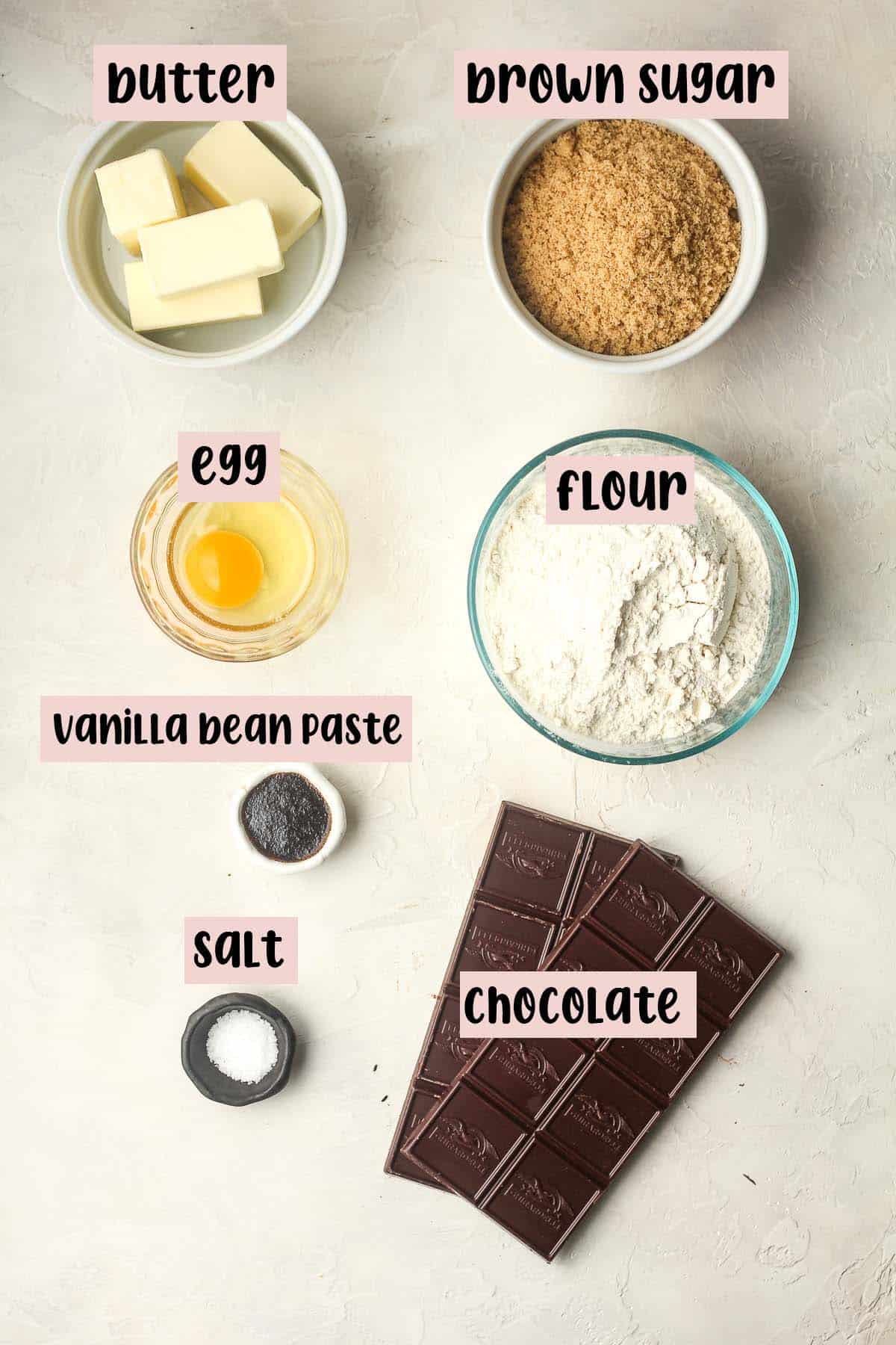 Labeled ingredients for the chocolate dipped shortbread cookies.