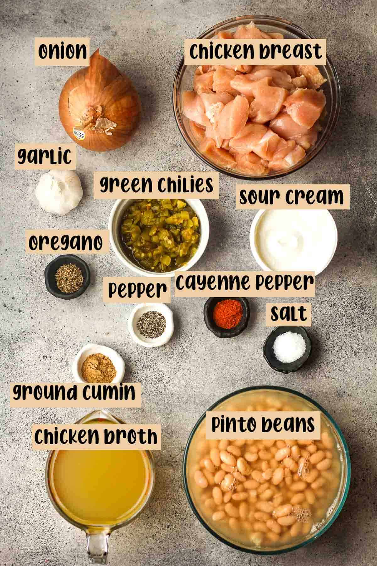 Labeled ingredients for the southwestern chicken chili.