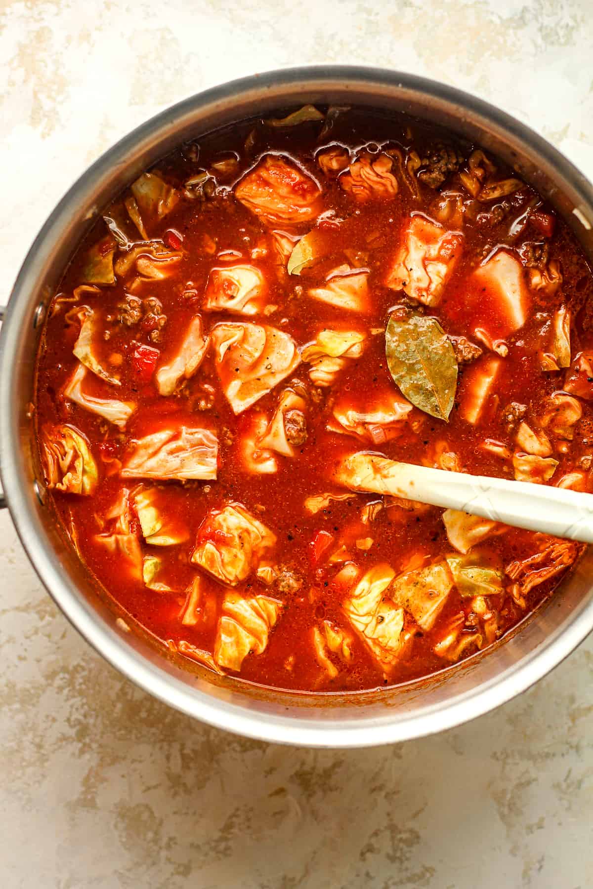 A large pot of stuffed cabbage soup before adding the rice.