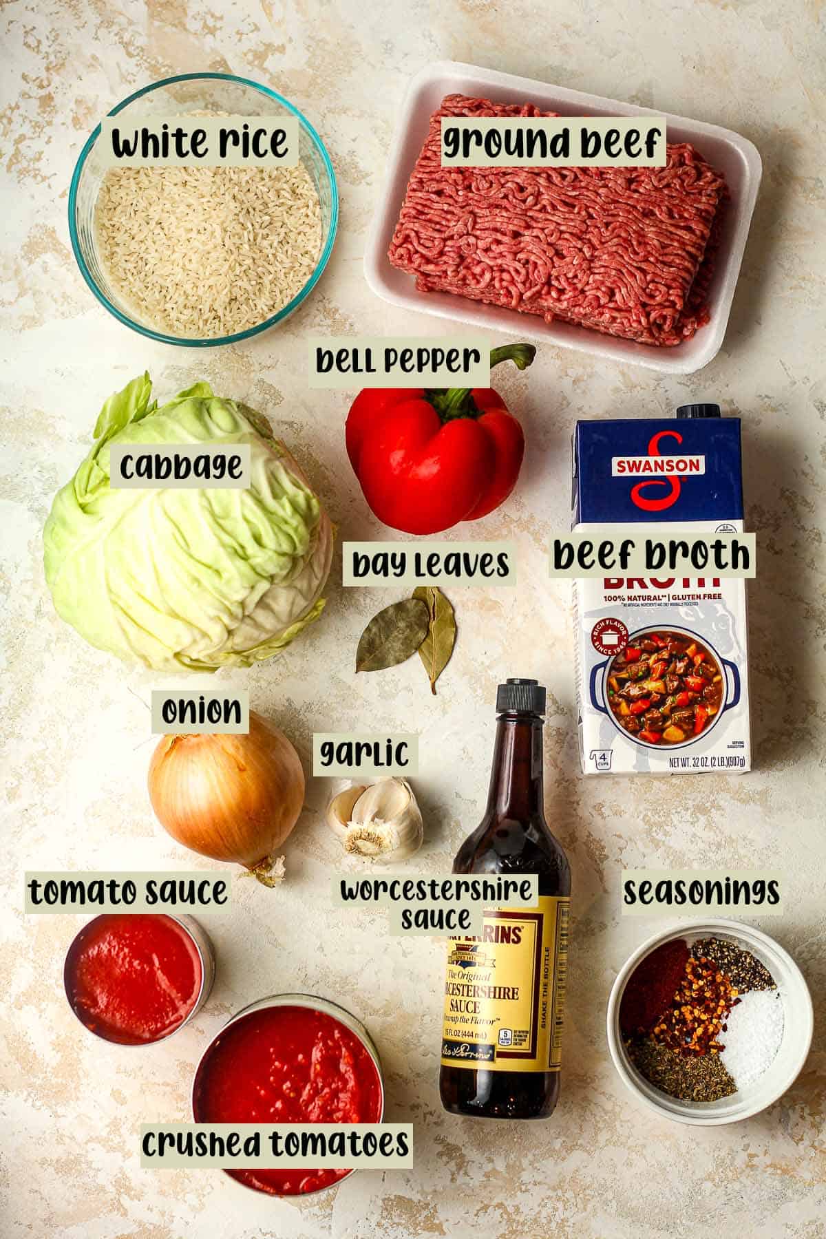 The ingredients for the stuffed cabbage soup.