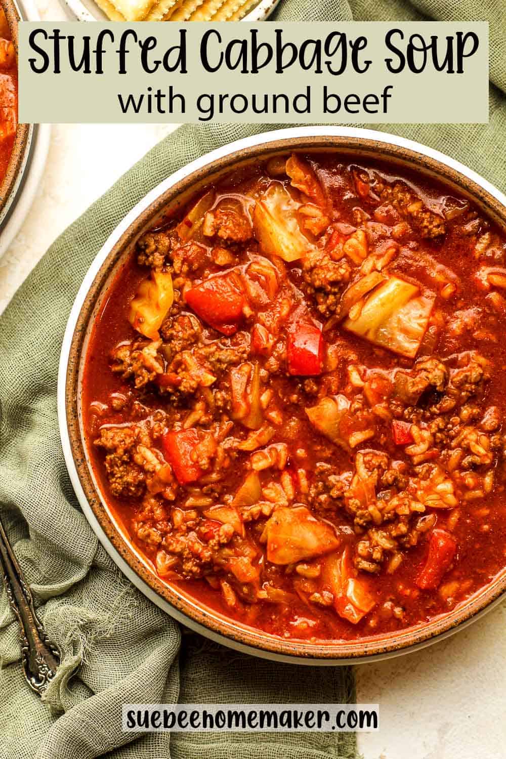 A bowl of stuffed cabbage soup with ground beef.
