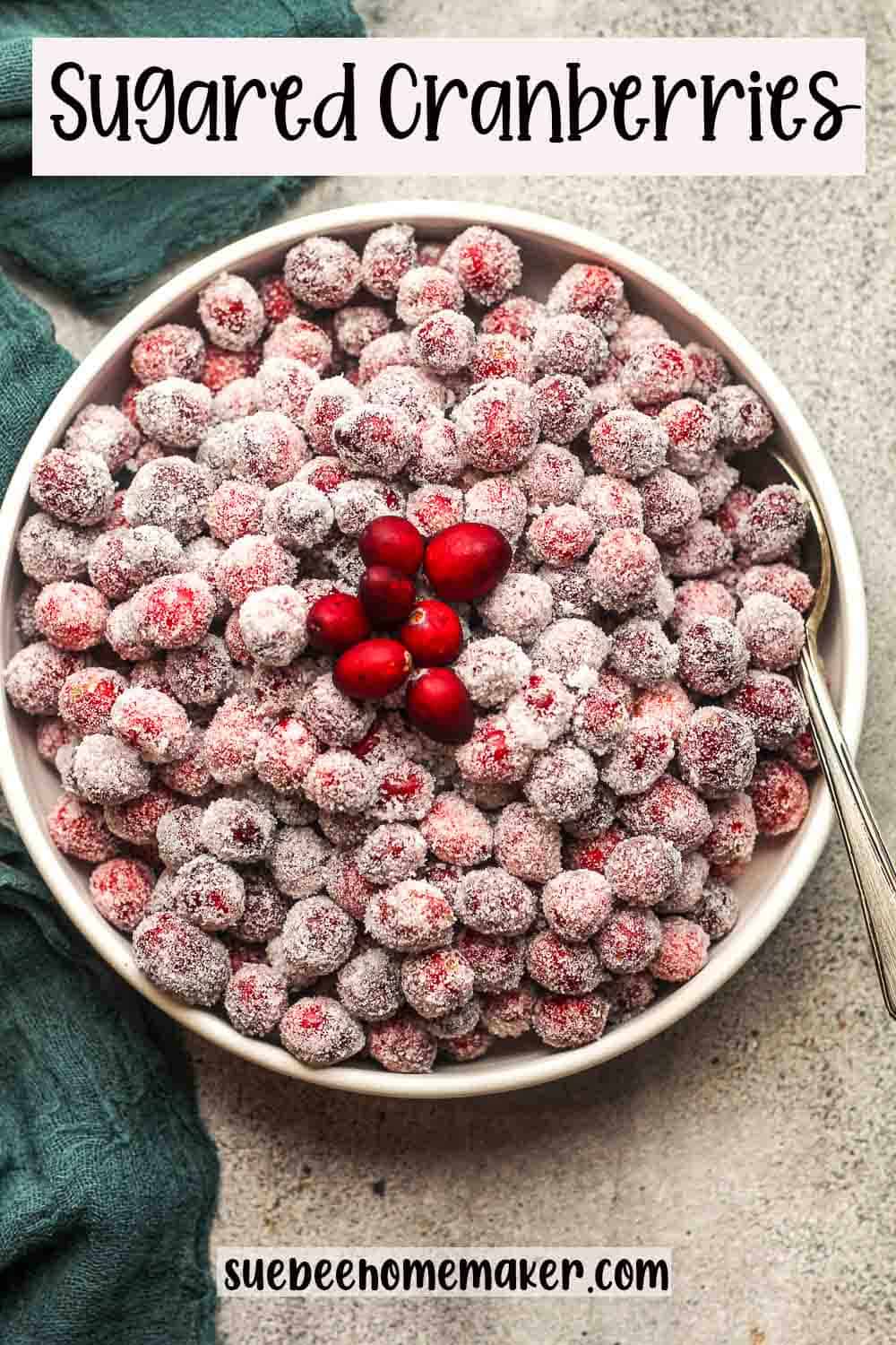 A bowl of sugared cranberries with a spoon.