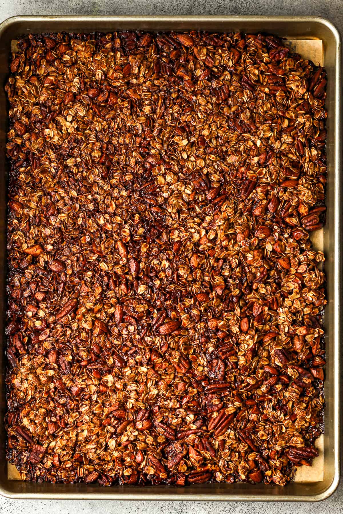 A large pan of just baked granola.