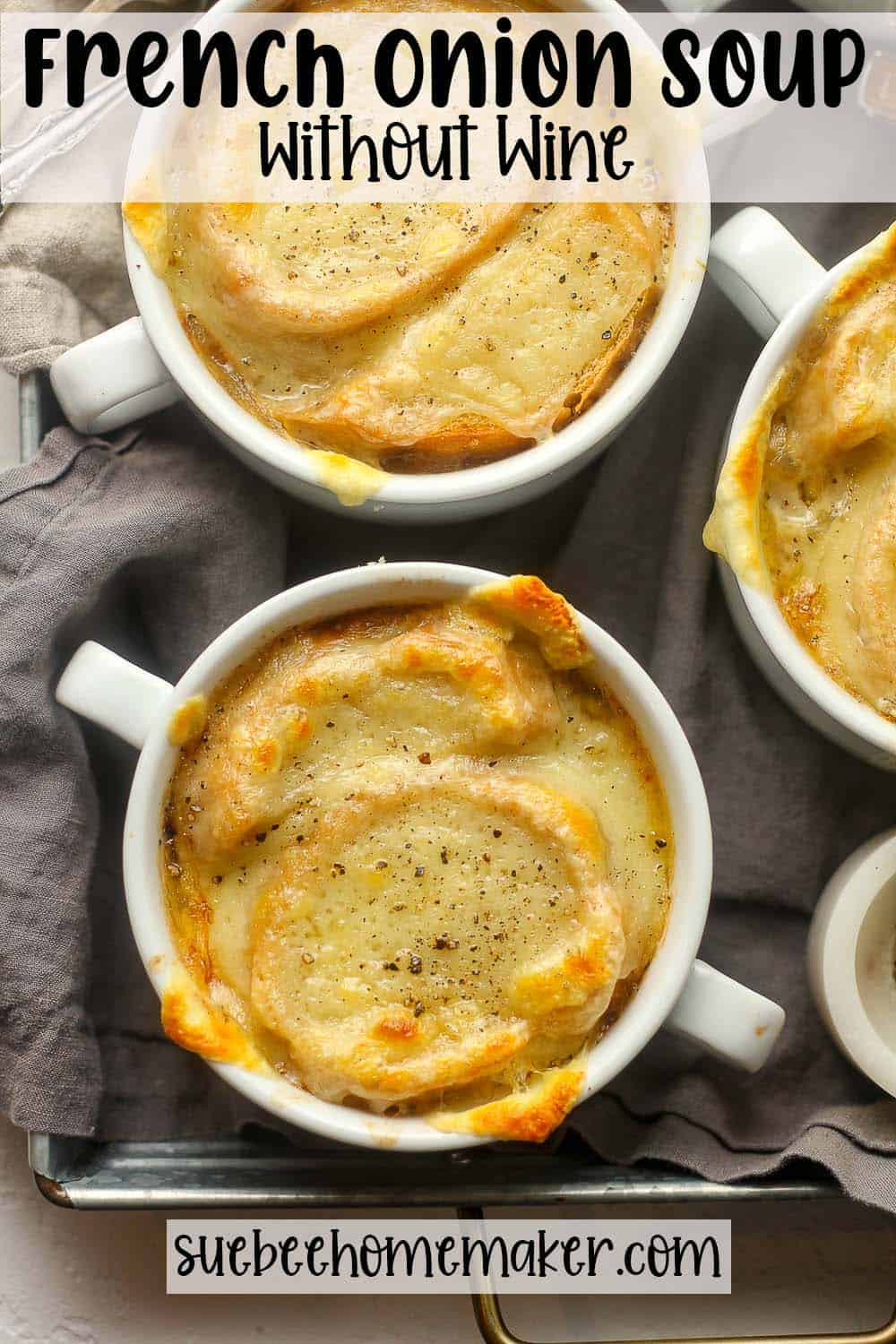Three bowls of French Onion Soup without Wine on a tray.