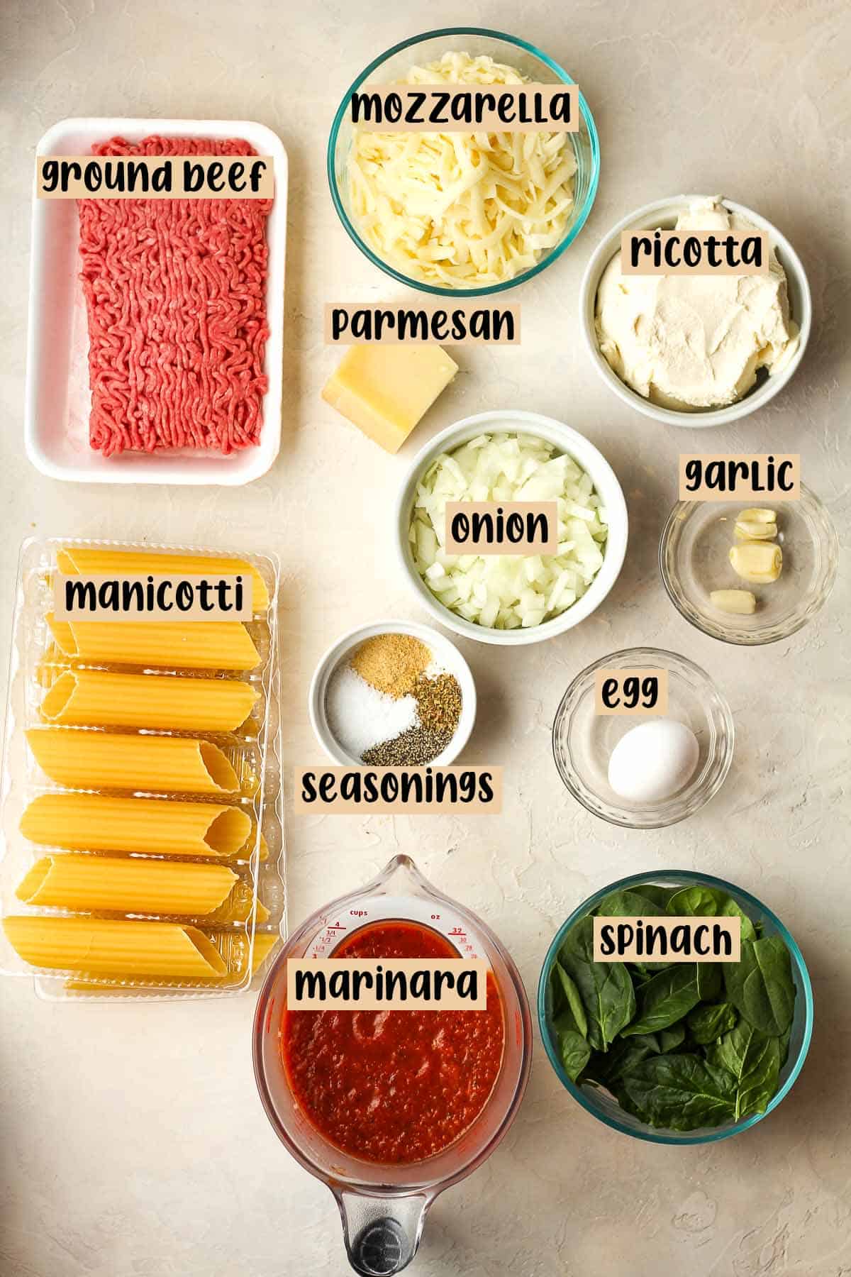 Labeled ingredients for the stuffed manicotti.