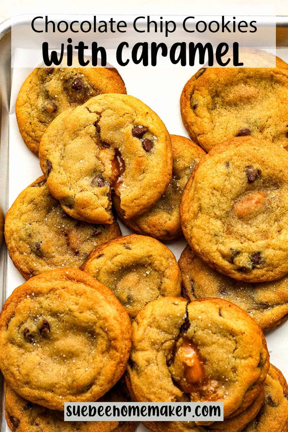 Overhead view of chocolate chip cookies with caramel